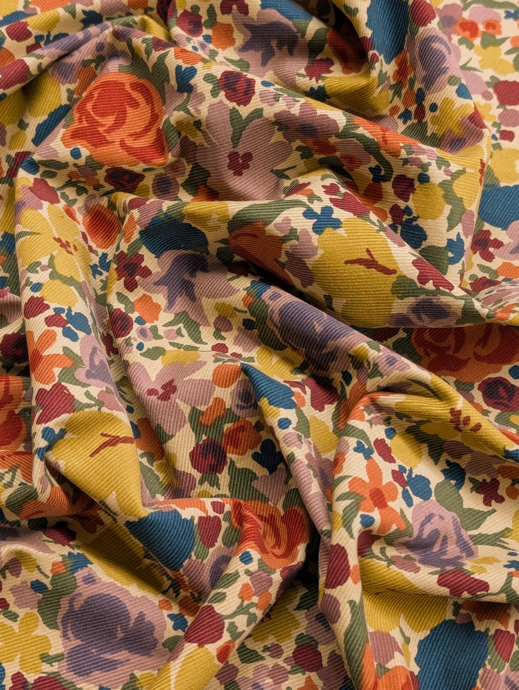 Hokkoh - Block Flower Meadow Cotton Needlecord Corduroy Fabric - Beige