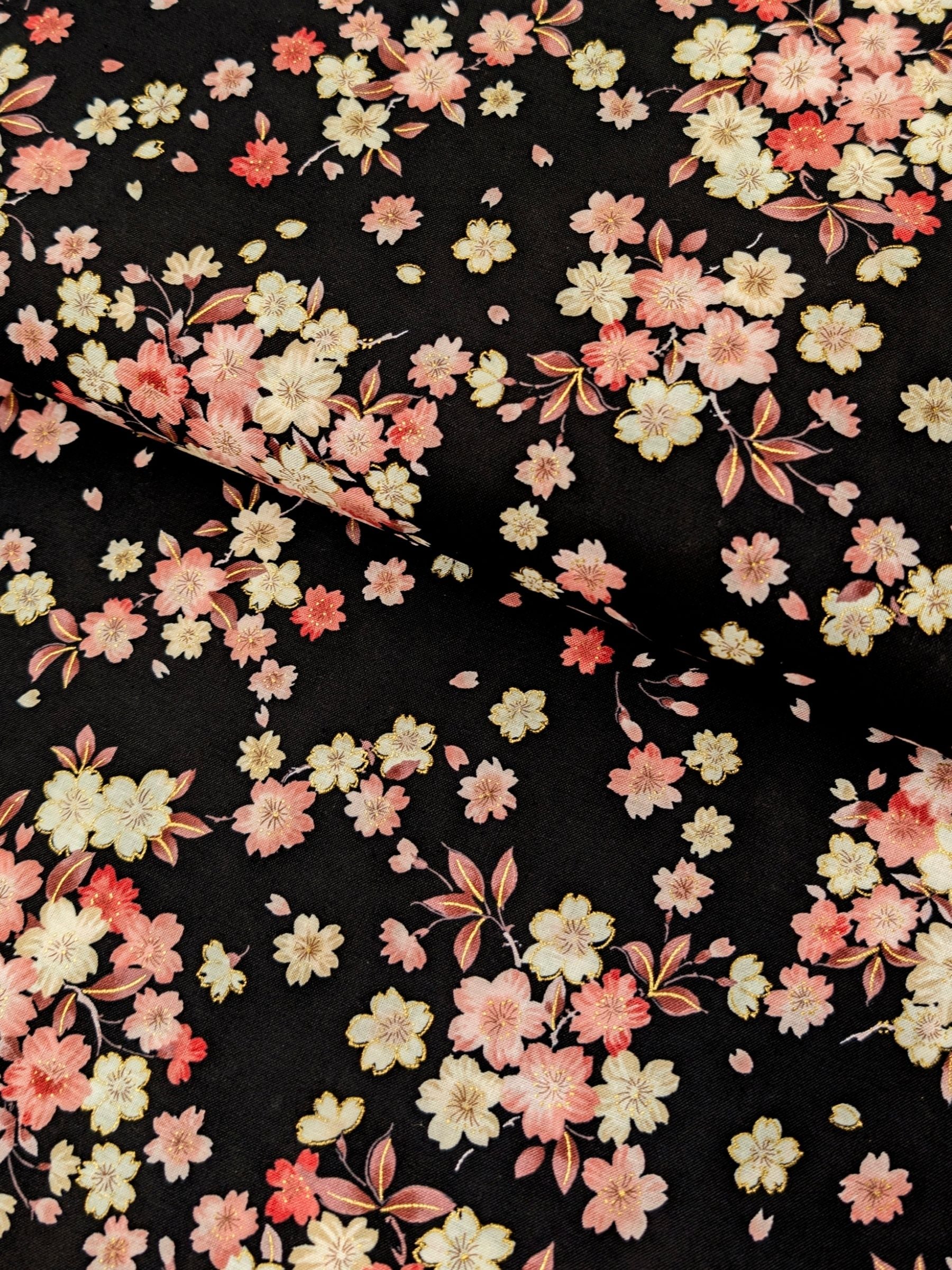 Kokka - Golden Cherry Blossoms Cotton Sheeting Fabric - Black