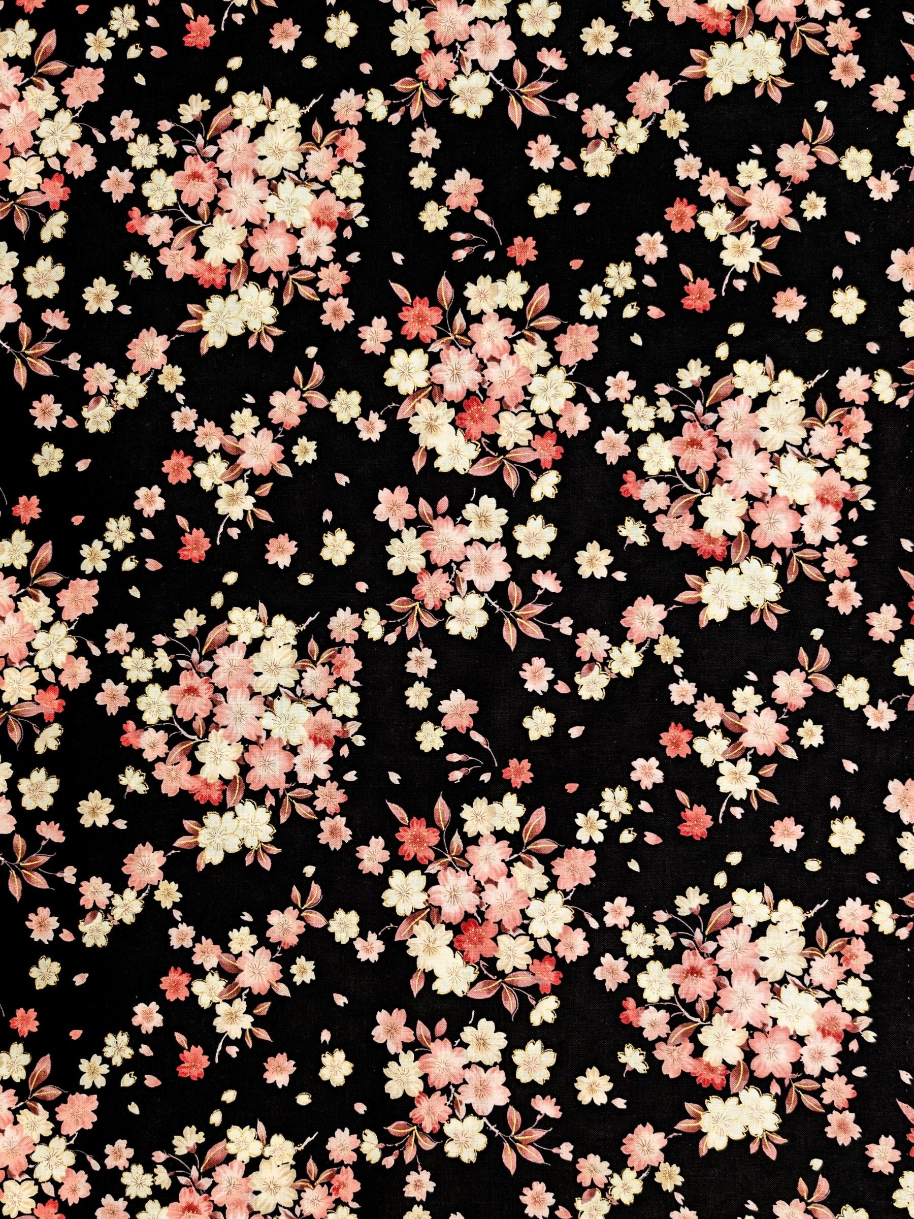 Kokka - Golden Cherry Blossoms Cotton Sheeting Fabric - Black