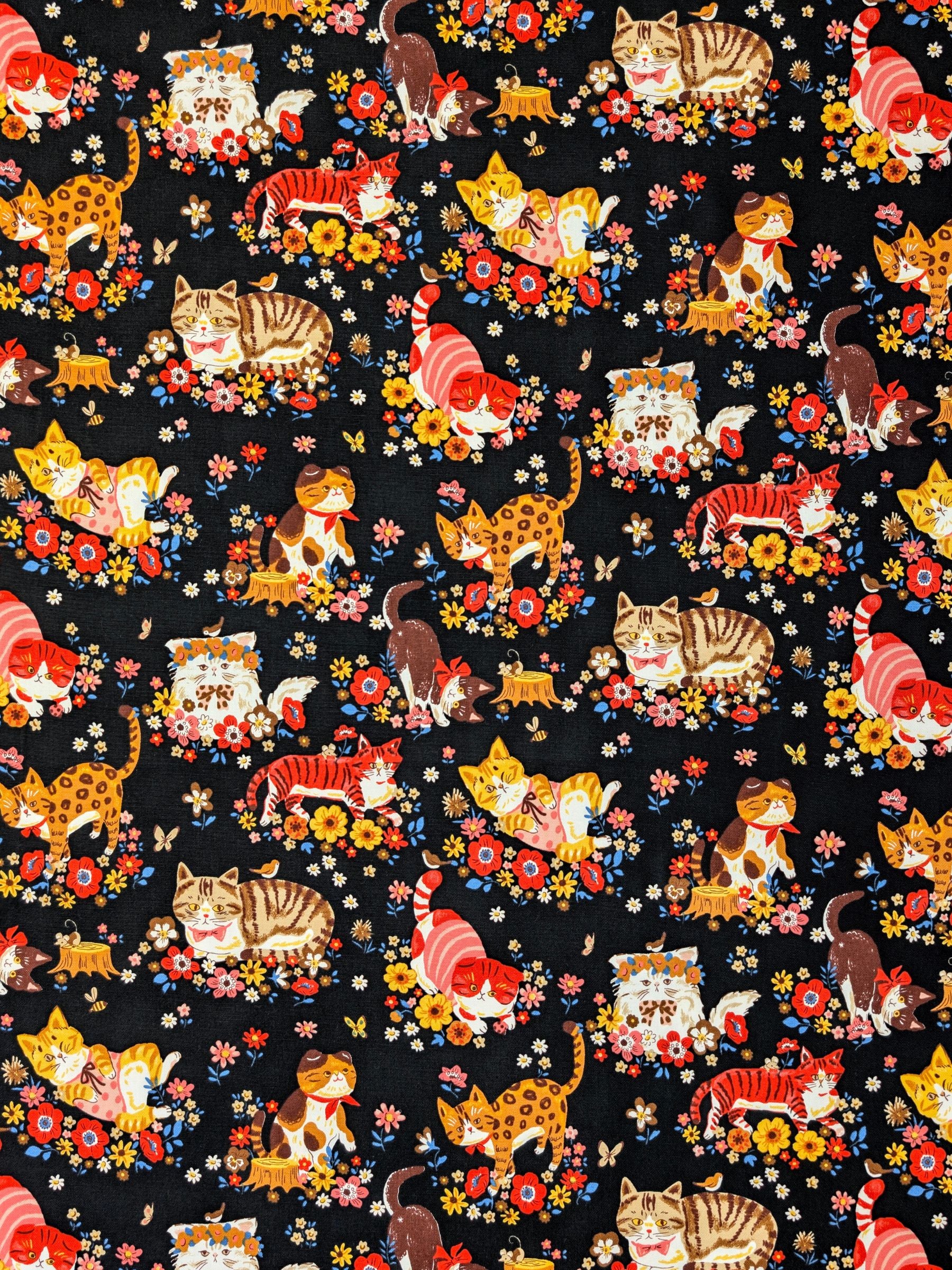 Kokka - Flower Meadow Cats Cotton Oxford Fabric - Black