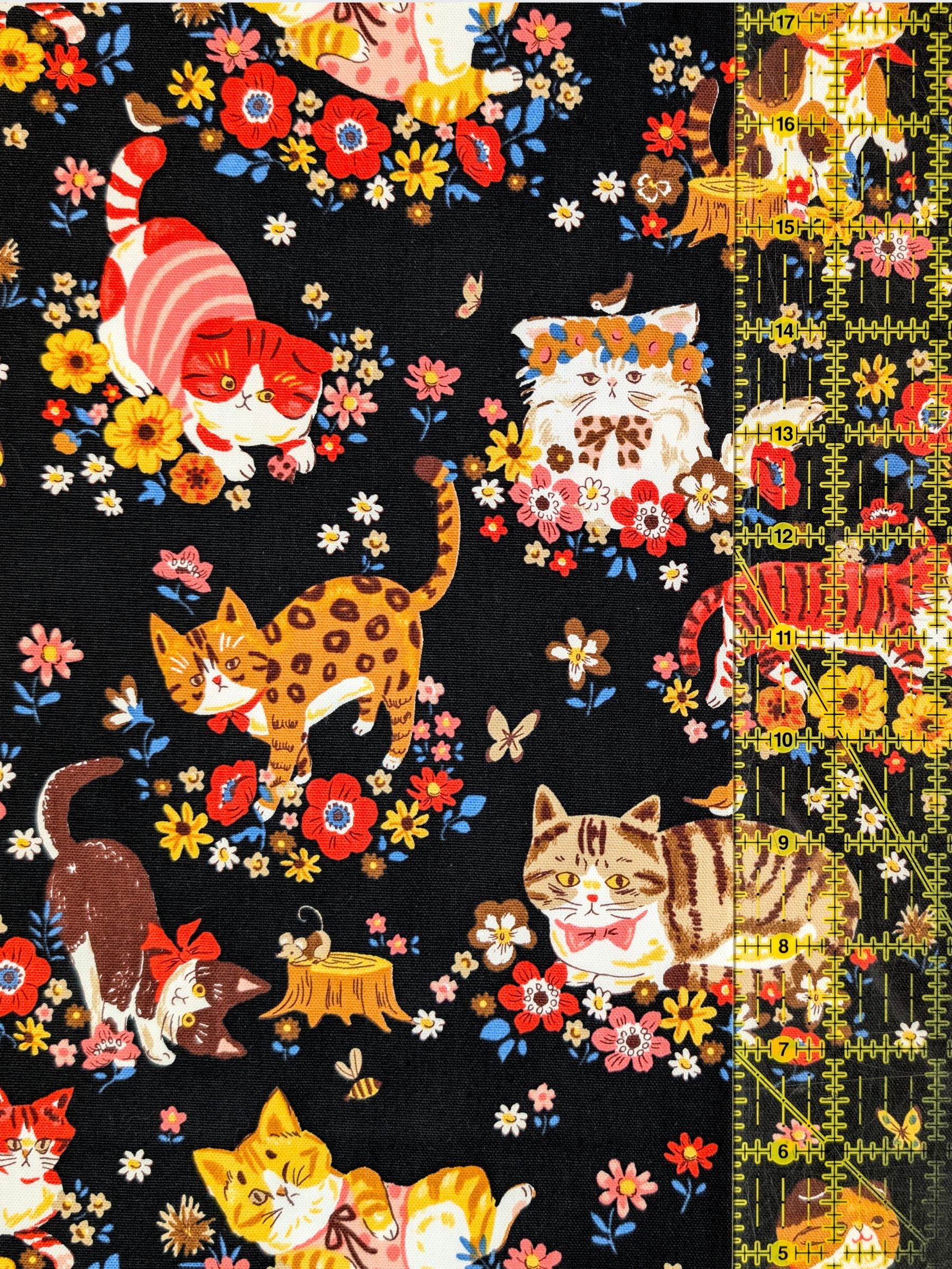 Kokka - Flower Meadow Cats Cotton Oxford Fabric - Black REMNANT