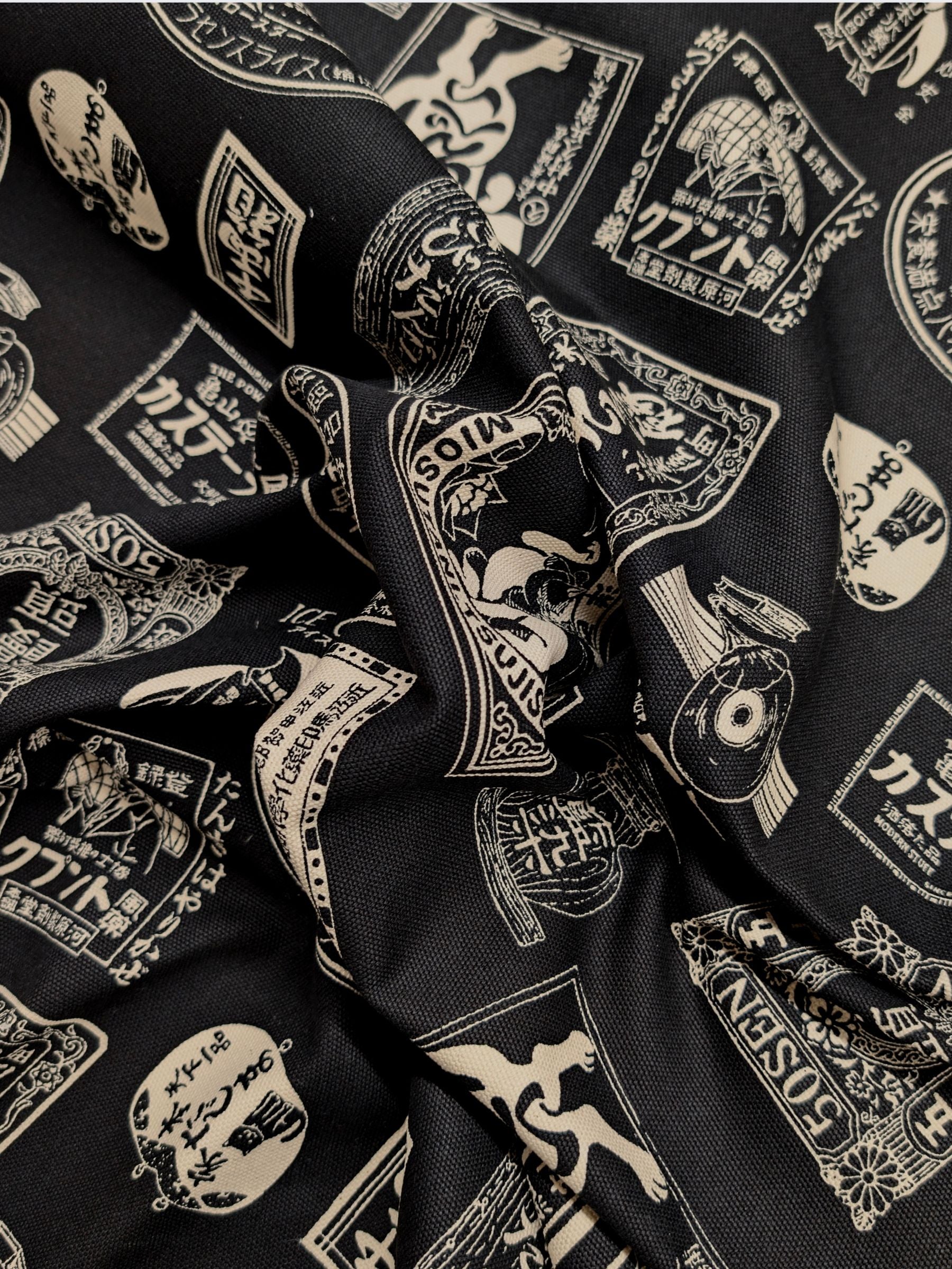 Kokka - Japanese Labels Cotton Duck Canvas Fabric - Black & White