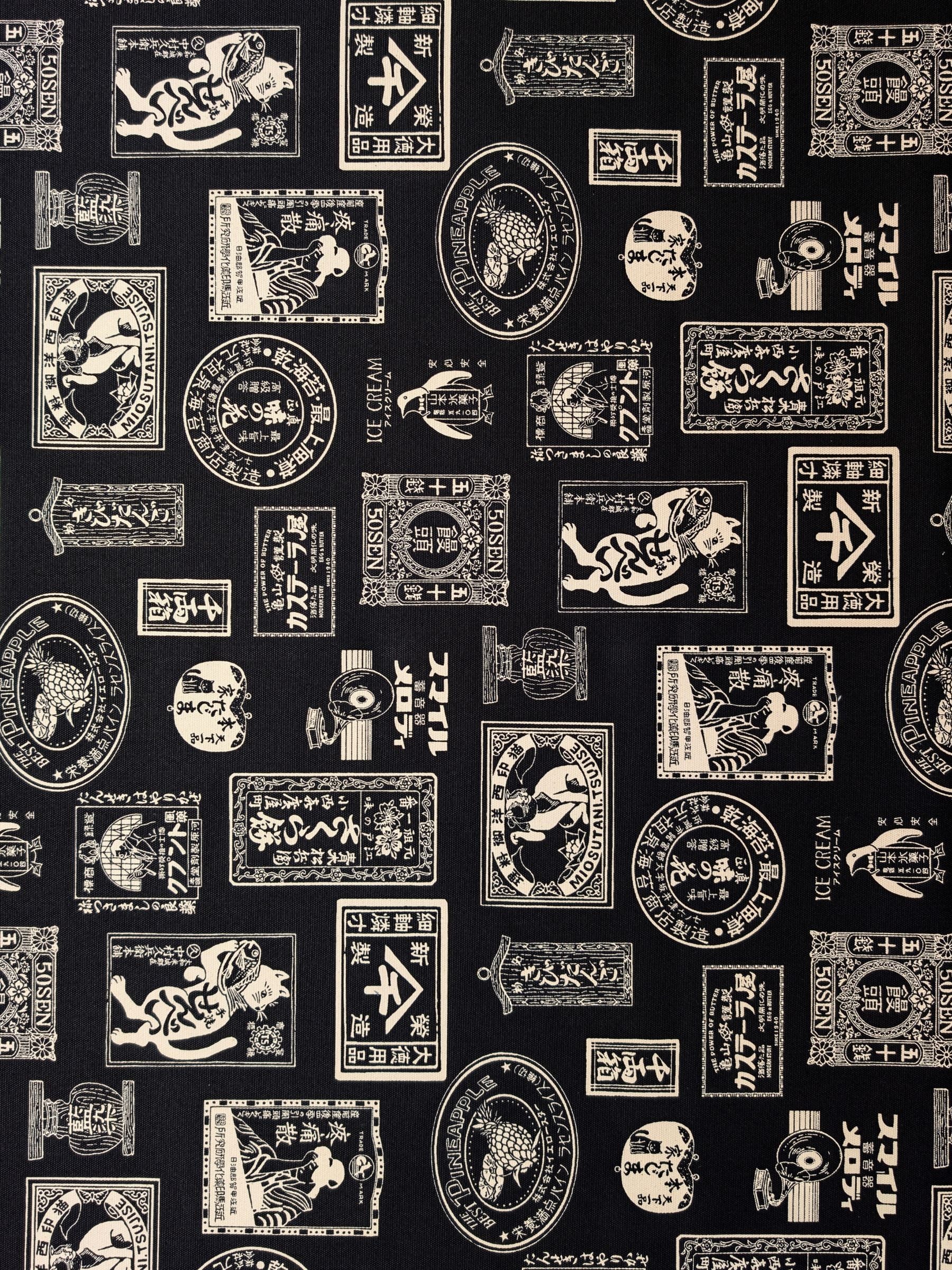 Kokka - Japanese Labels Cotton Duck Canvas Fabric - Black & White