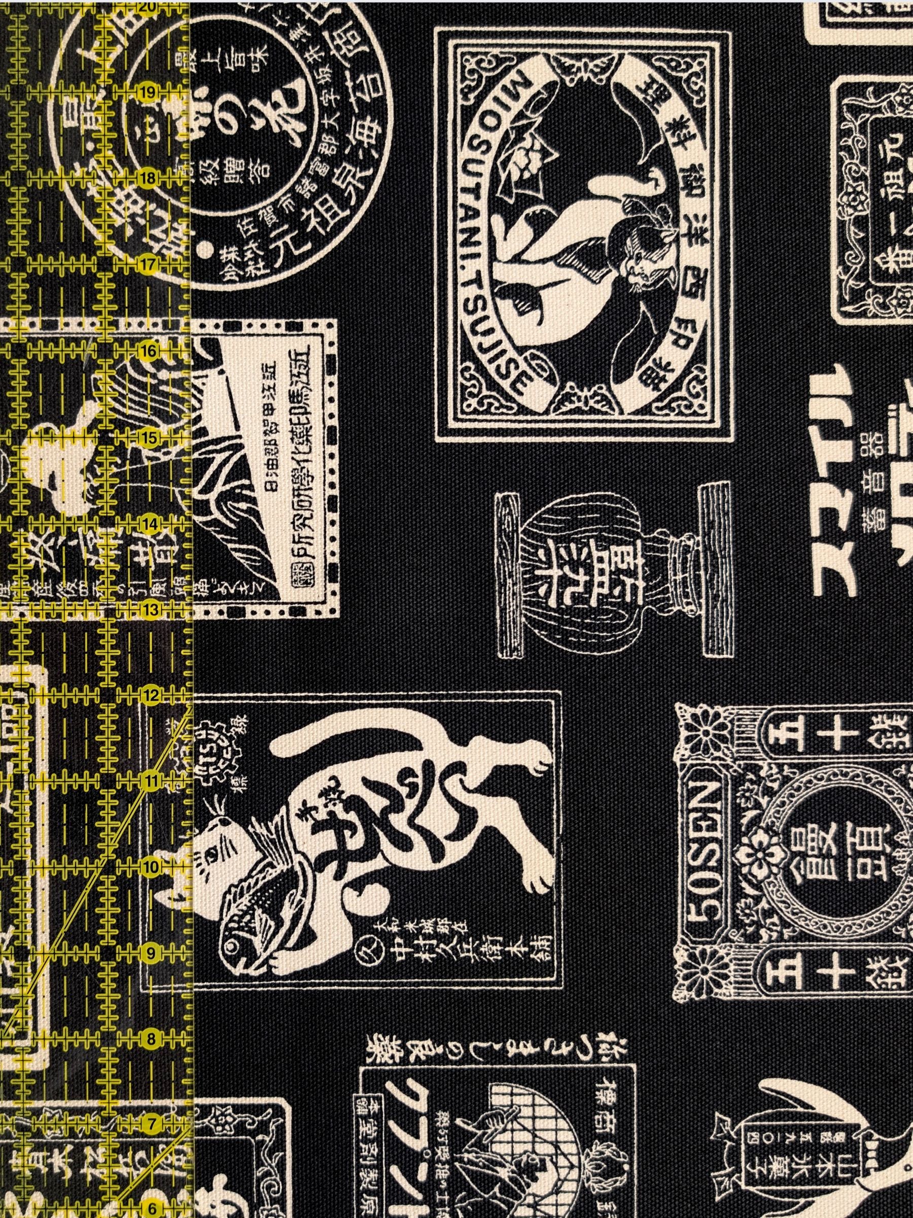 Kokka - Japanese Labels Cotton Duck Canvas Fabric - Black & White
