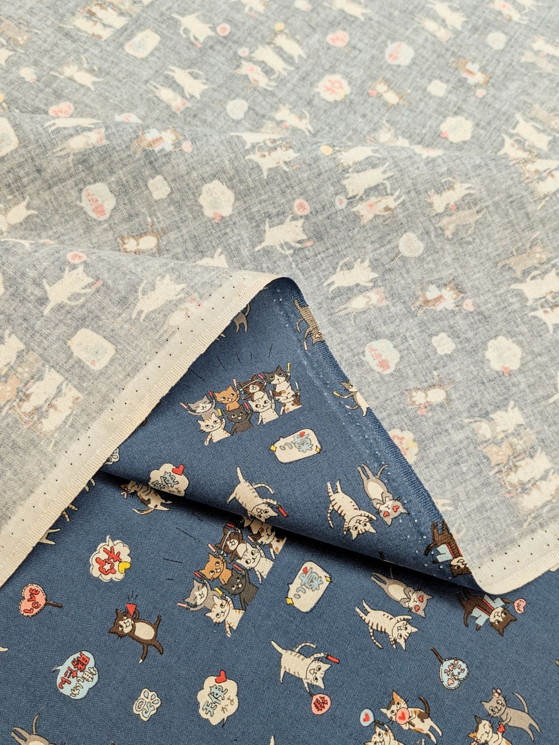 Kokka - Kitties In Love Cotton Sheeting Fabric - Blue