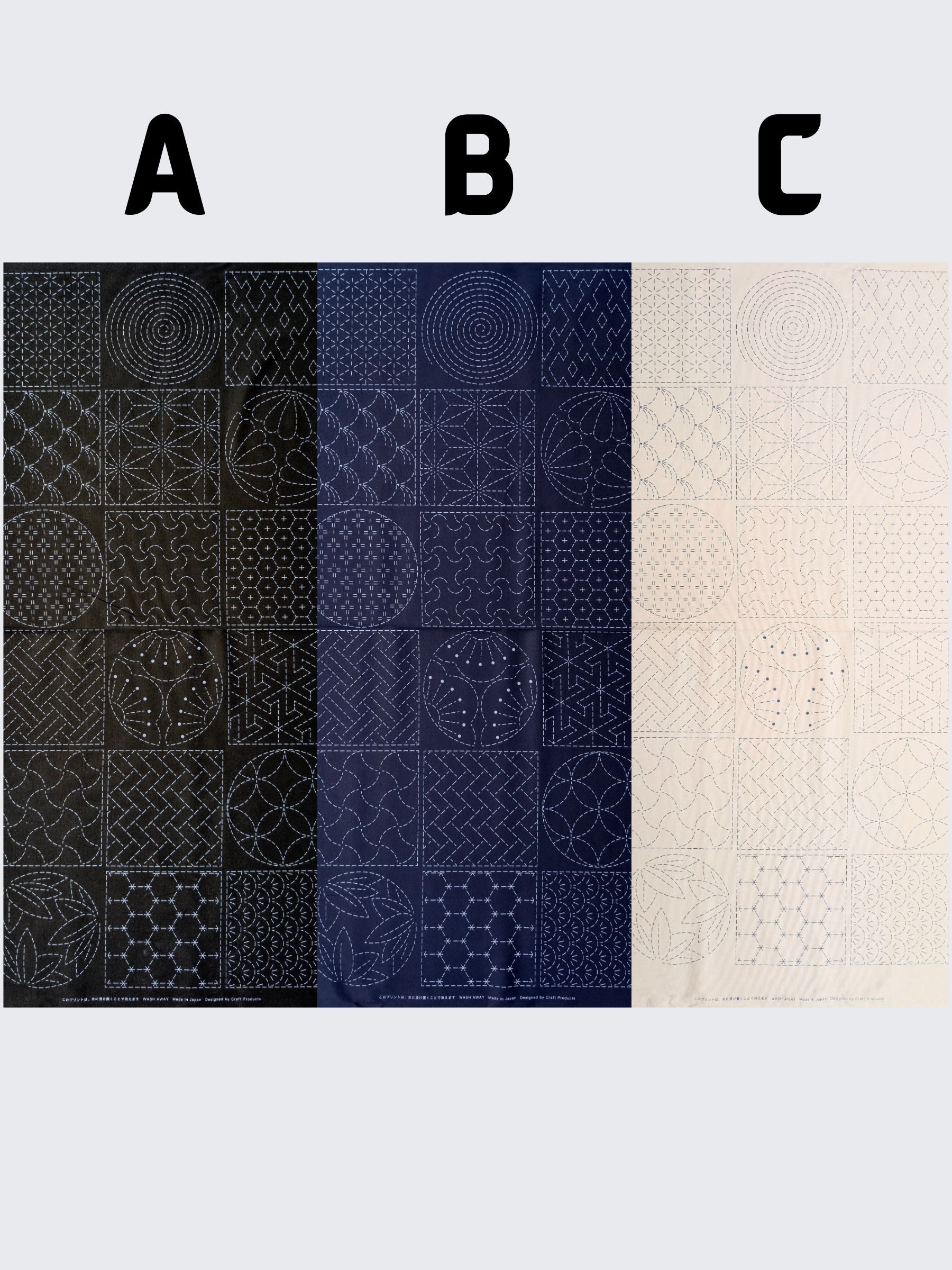 Ayatex - Patterned Blocks and Circles Pre-Printed Sashiko Cotton Fabric - Black/Navy/Beige