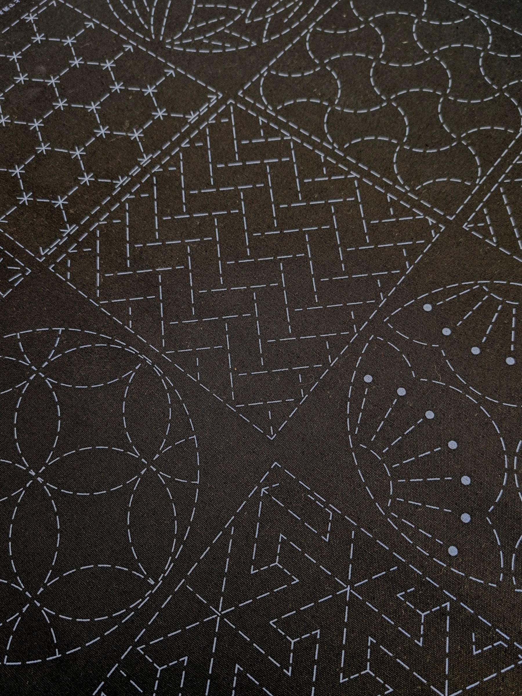 Ayatex - Patterned Blocks and Circles Pre-Printed Sashiko Cotton Fabric - Black/Navy/Beige