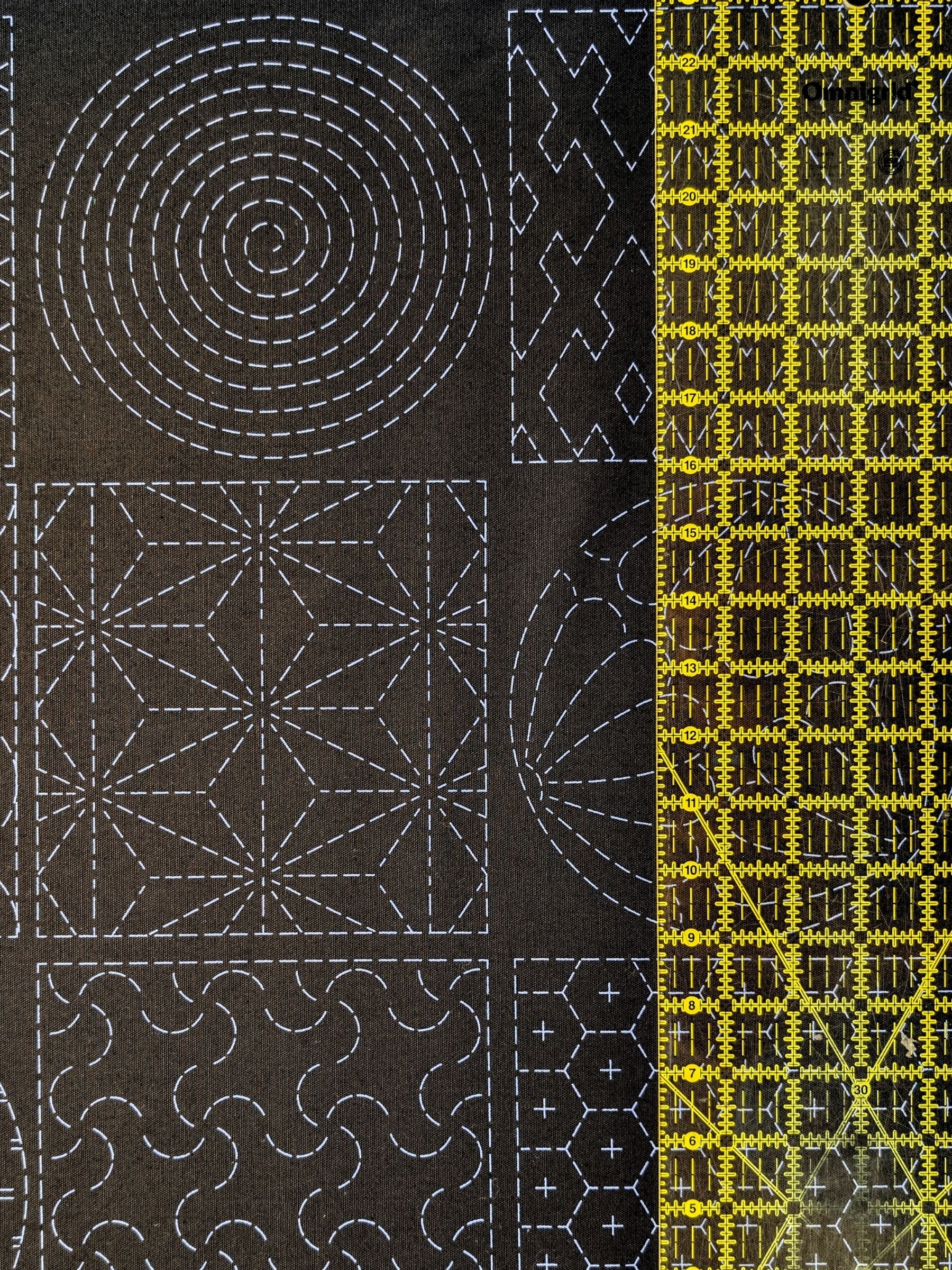 Ayatex - Patterned Blocks and Circles Pre-Printed Sashiko Cotton Fabric - Black/Navy/Beige