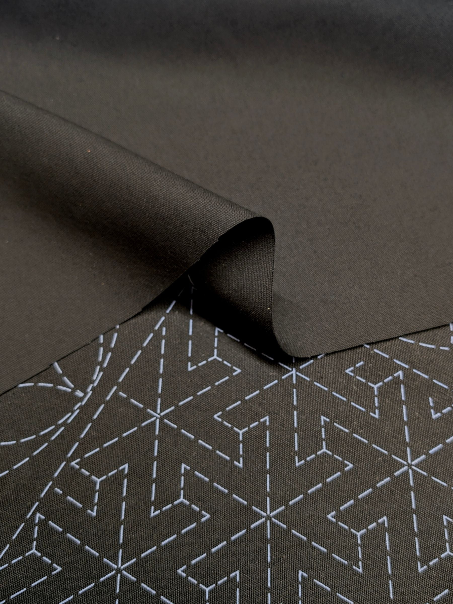 Ayatex - Patterned Blocks and Circles Pre-Printed Sashiko Cotton Fabric - Black/Navy/Beige