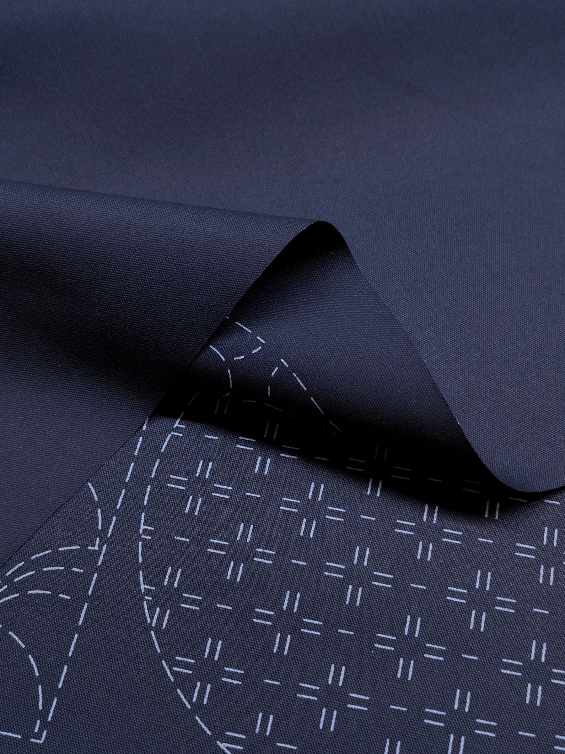 Ayatex - Patterned Blocks and Circles Pre-Printed Sashiko Cotton Fabric - Black/Navy/Beige