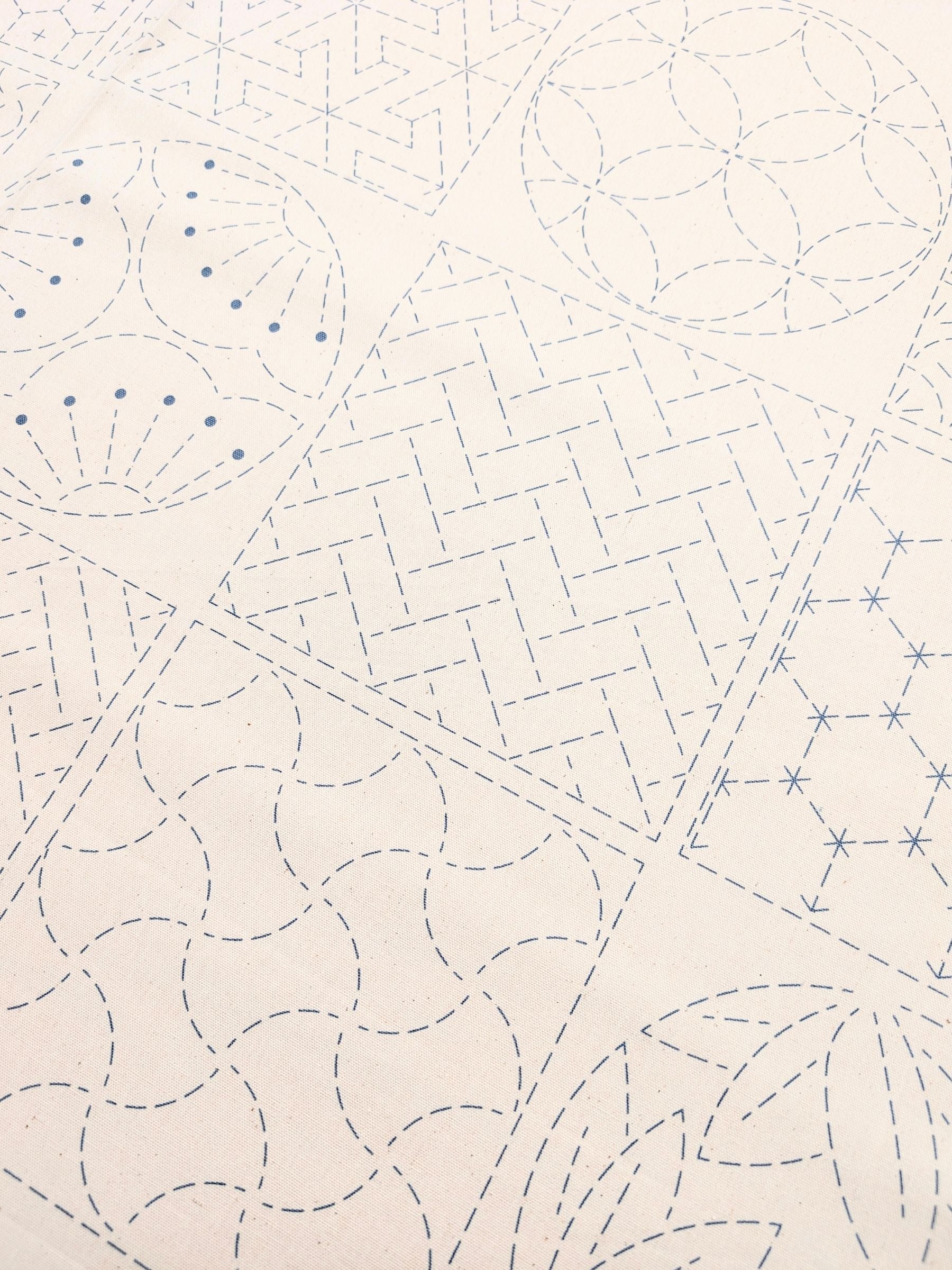 Ayatex - Patterned Blocks and Circles Pre-Printed Sashiko Cotton Fabric - Black/Navy/Beige