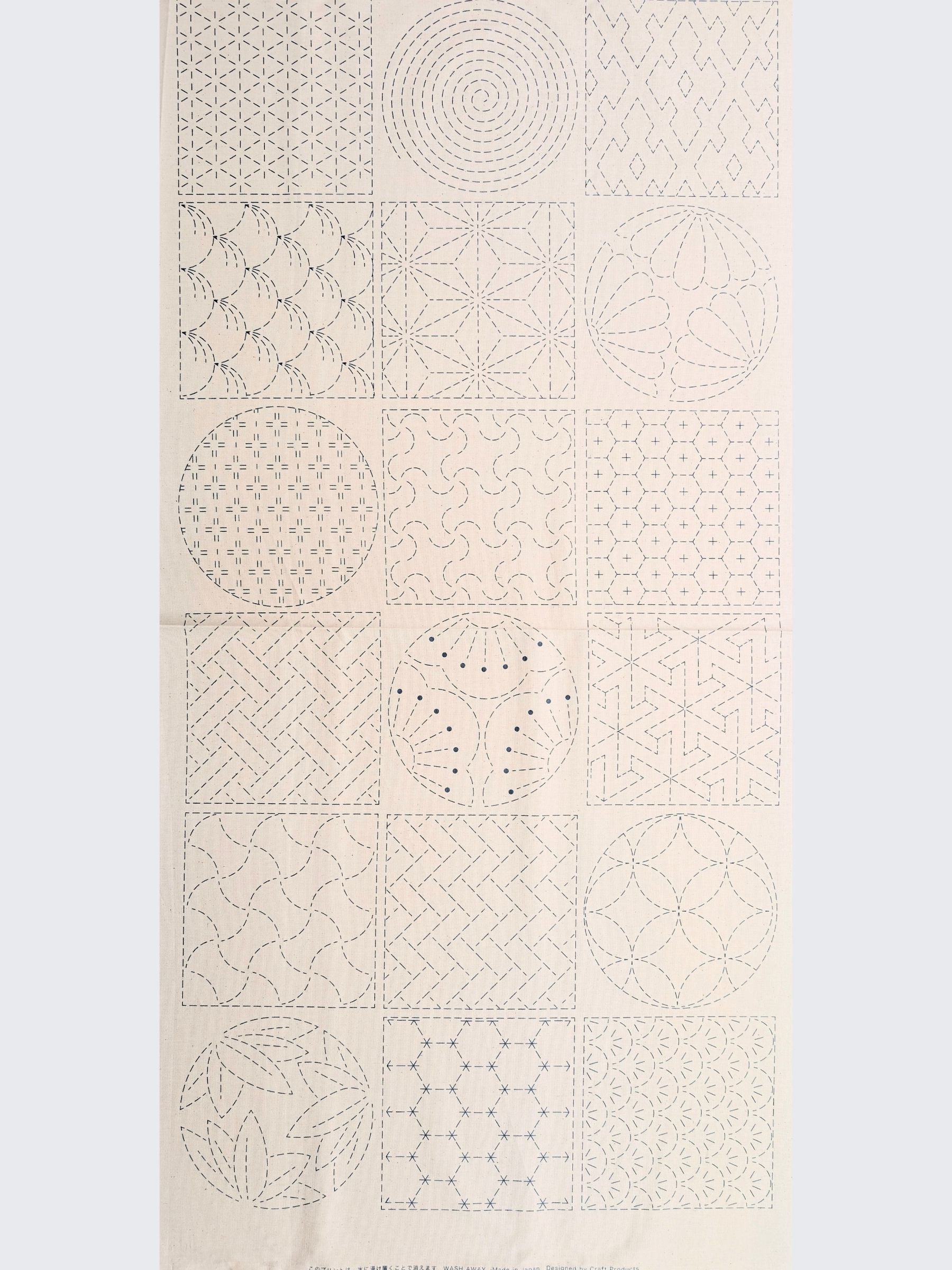 Ayatex - Patterned Blocks and Circles Pre-Printed Sashiko Cotton Fabric - Black/Navy/Beige