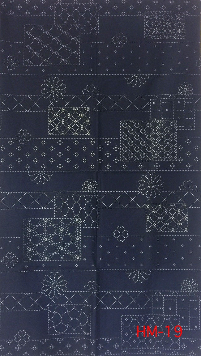 Orimono Imports - Flowers and Blocks Sashiko Washout Fabric Panel - Dark Navy, Cream, or Black