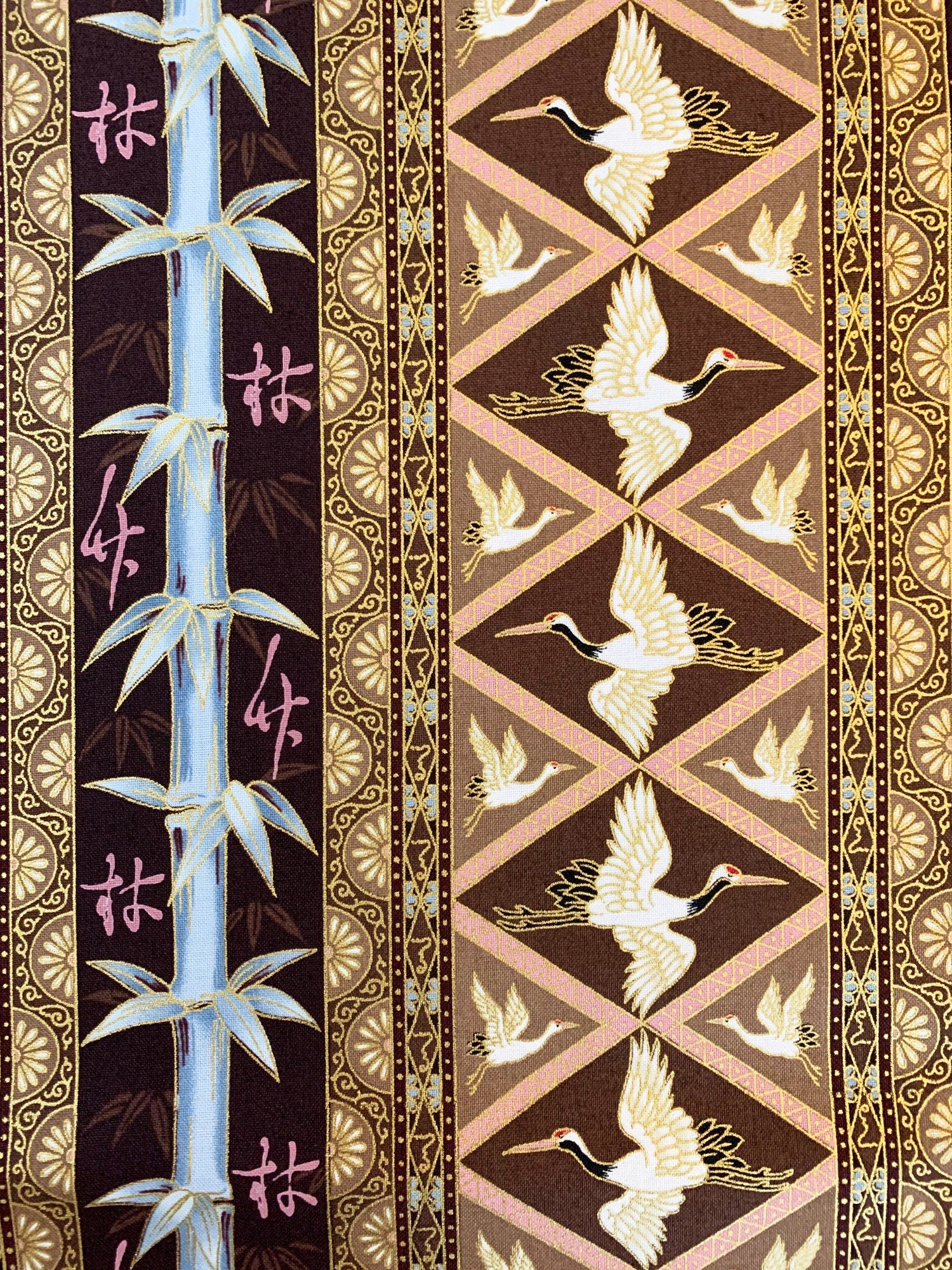 QH Textiles - SALE Diamond Cranes in Hanabi - Brown Pink Gold