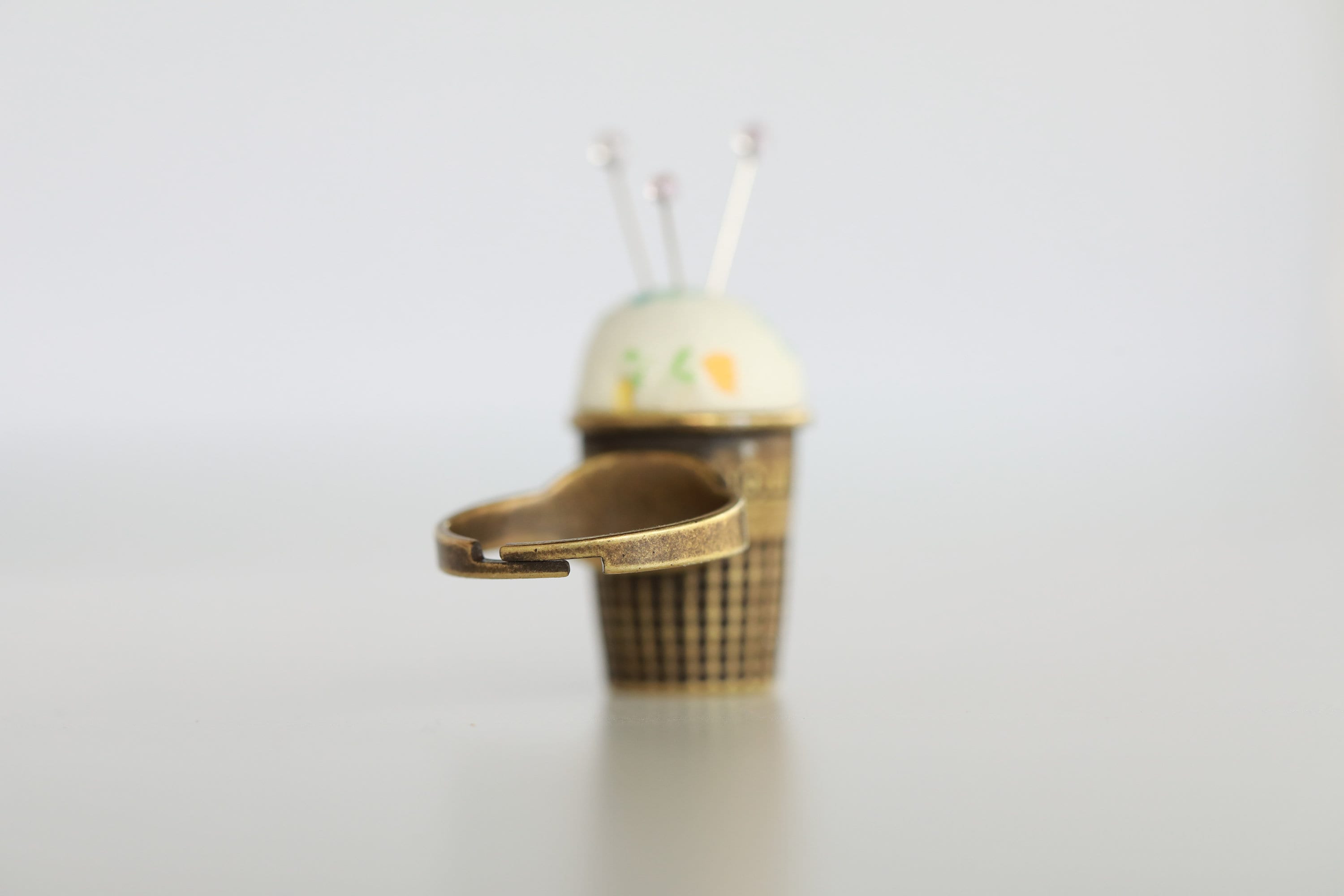 Little House Japanese Pincushion Thimble Ring in bright plated or antiqued brass