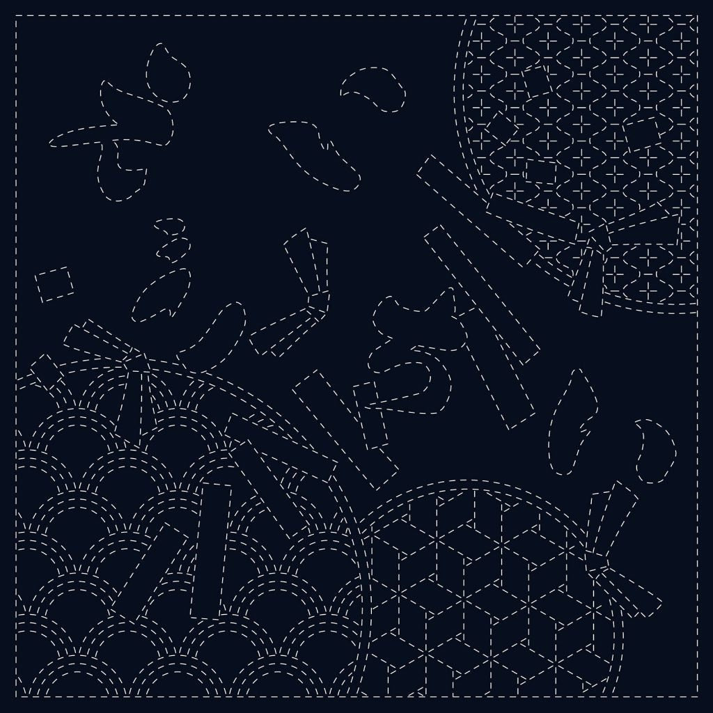 QH Textiles - Wishes Cotton Sashiko Fukin Sampler Cloth - Navy