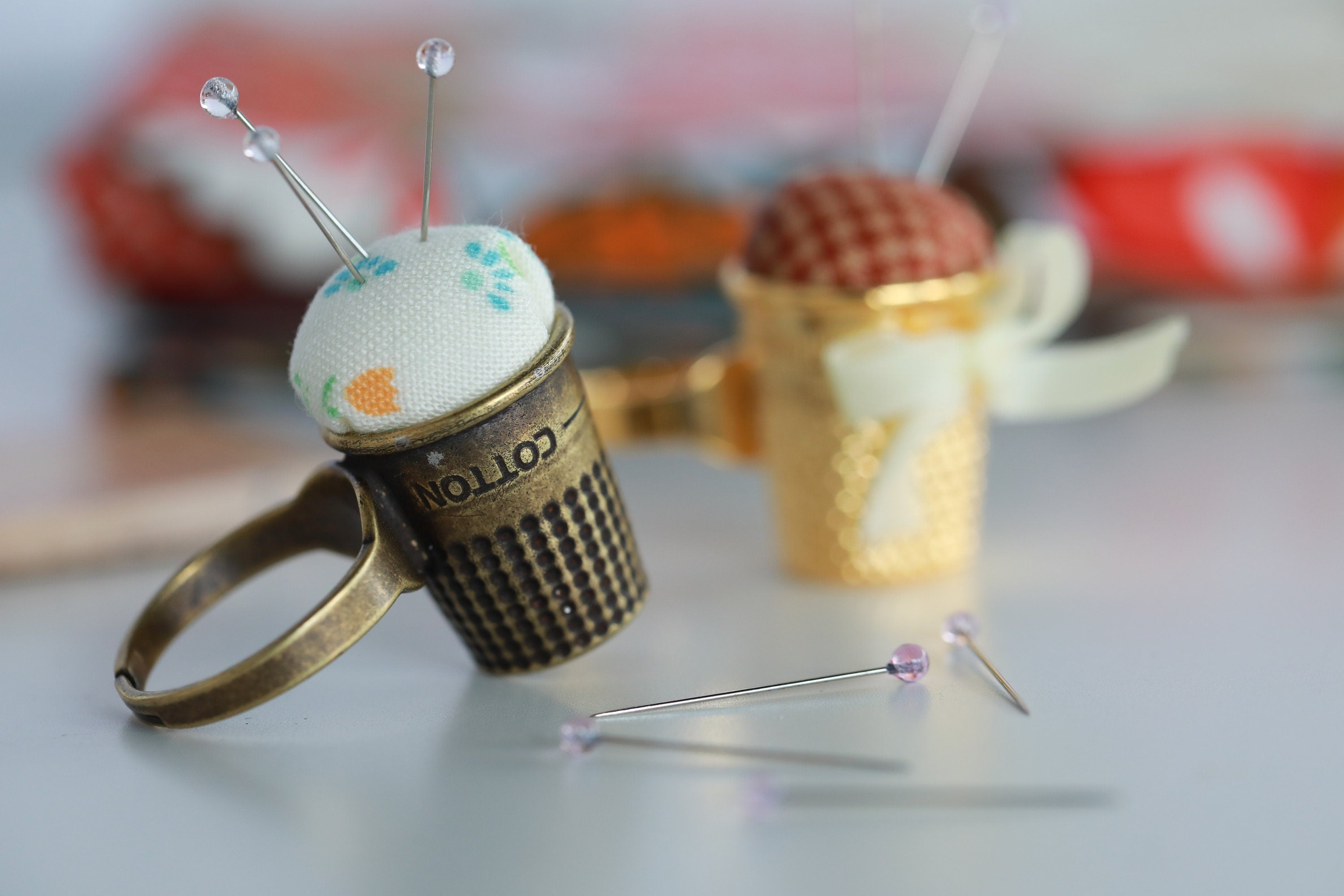 Little House Japanese Pincushion Thimble Ring in bright plated or antiqued brass