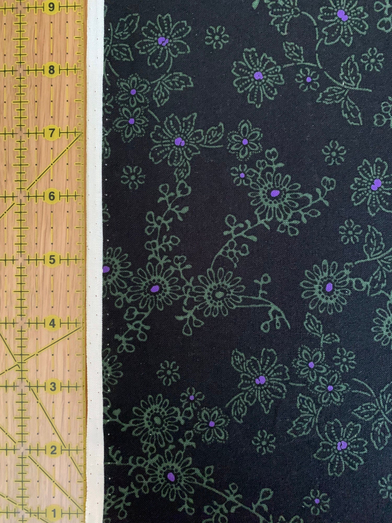 Orimono Imports - SALE Katazome Style Flowers Cotton Fabric - Black Green Purple
