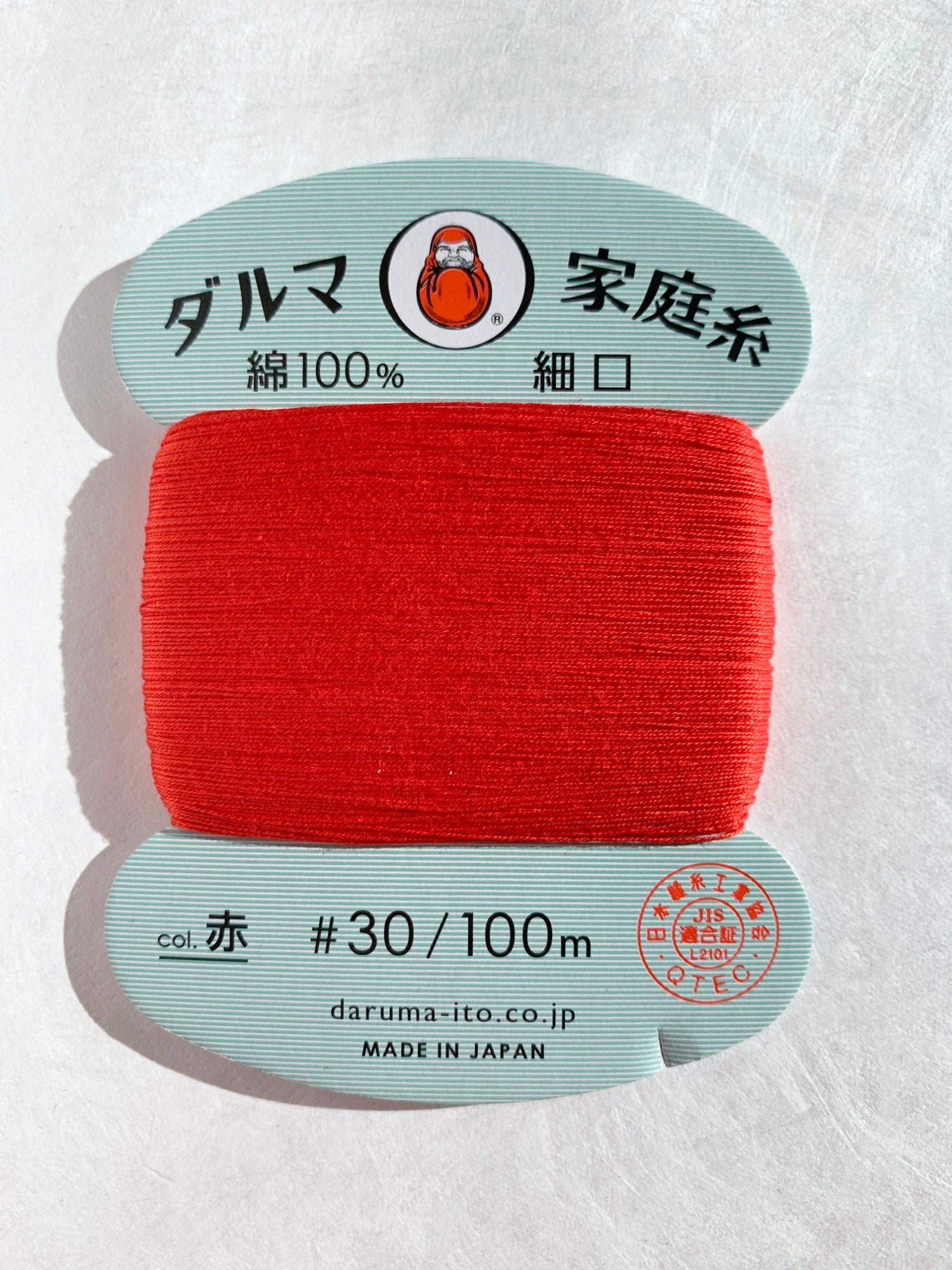 Daruma - Cotton Hand Sewing Thread Size #30 100m Card - Color Aka Red