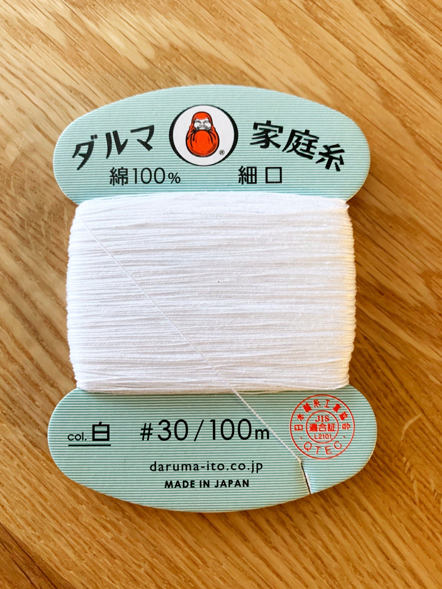 Daruma - Cotton Hand Sewing Thread Size #30 100m Card - Color Shiro White