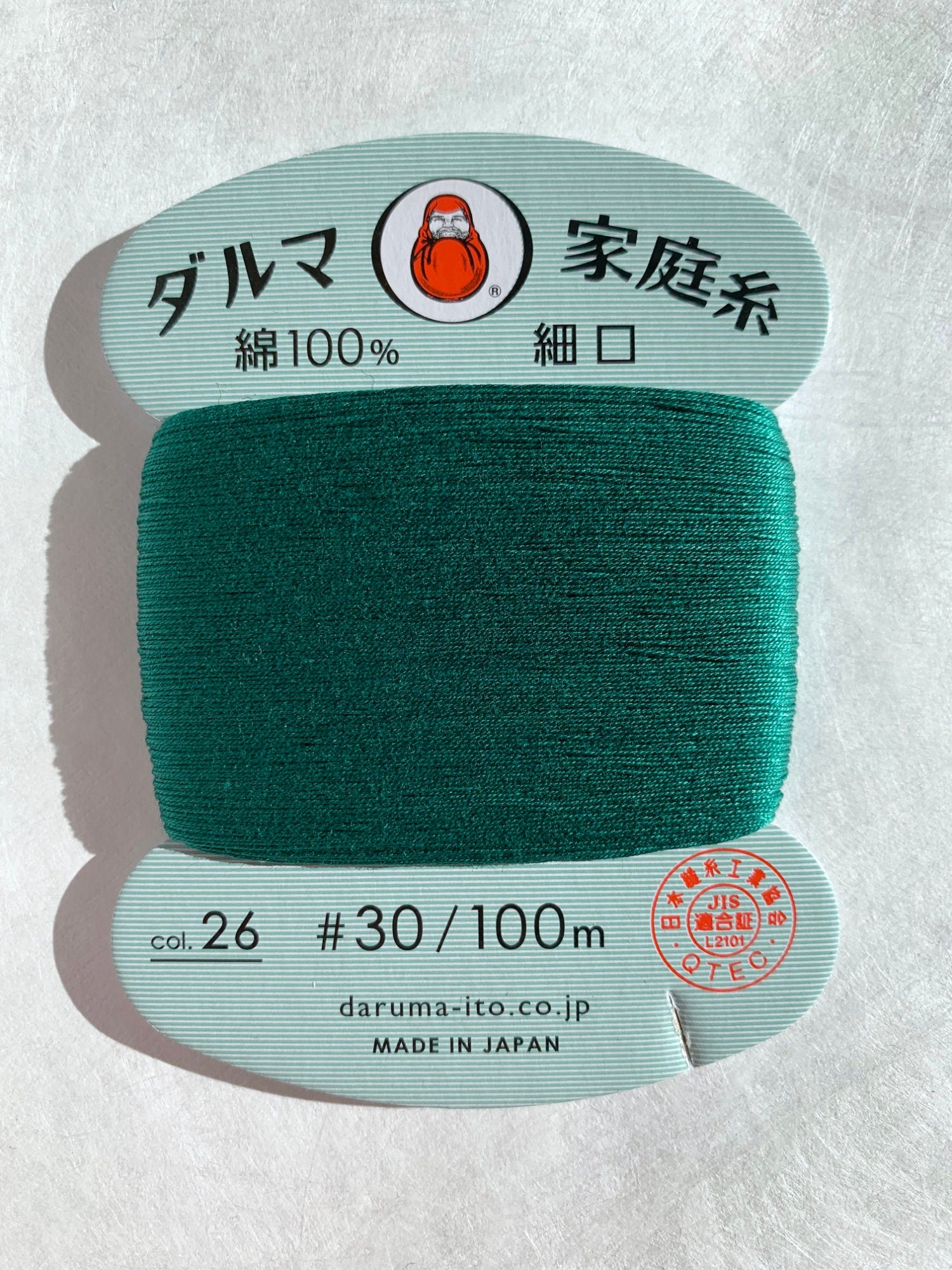 Daruma - Cotton Hand Sewing Thread Size #30 100m Card - Color #26 Pine Green