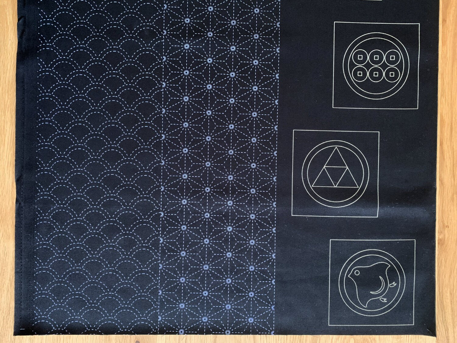 Ayatex - Family Crests Sashiko Fabric Panel - Black Blue Beige