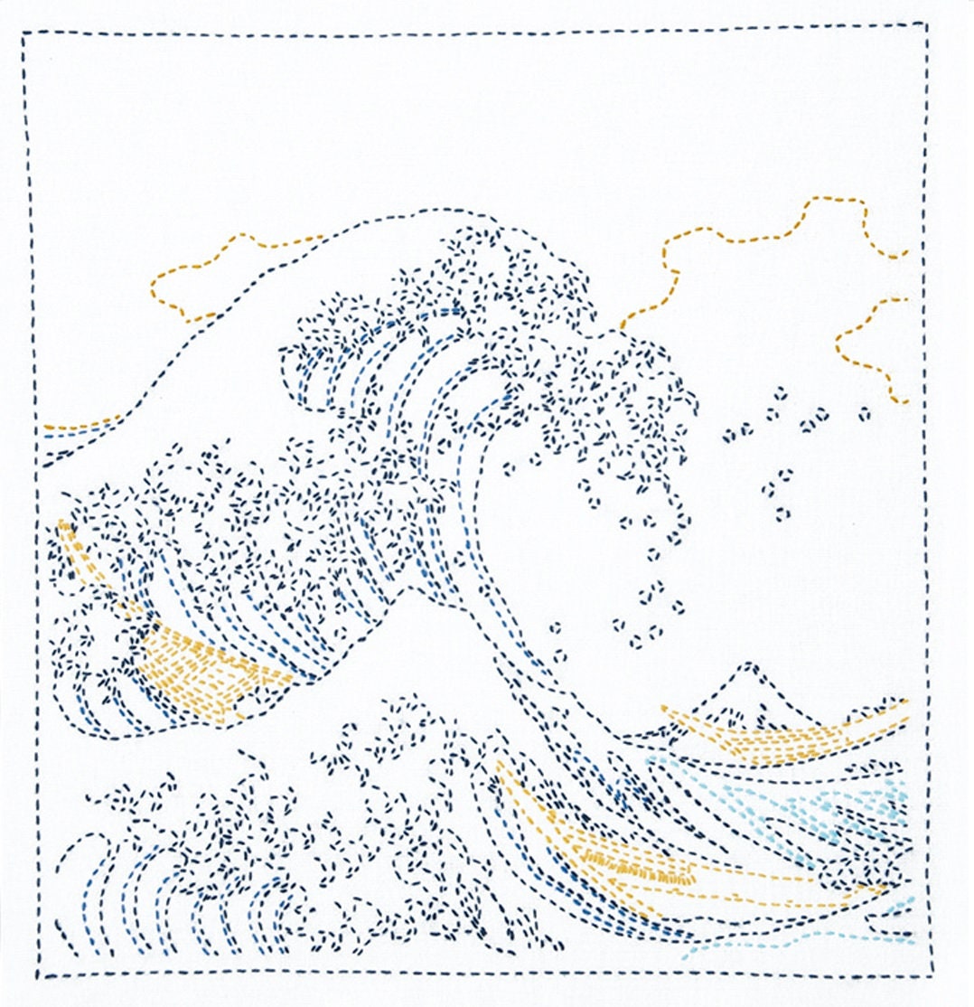 Olympus - Hokusai Collection "Great Wave Off Kanagawa" Cotton Sashiko Sampler Cloth - White or Navy