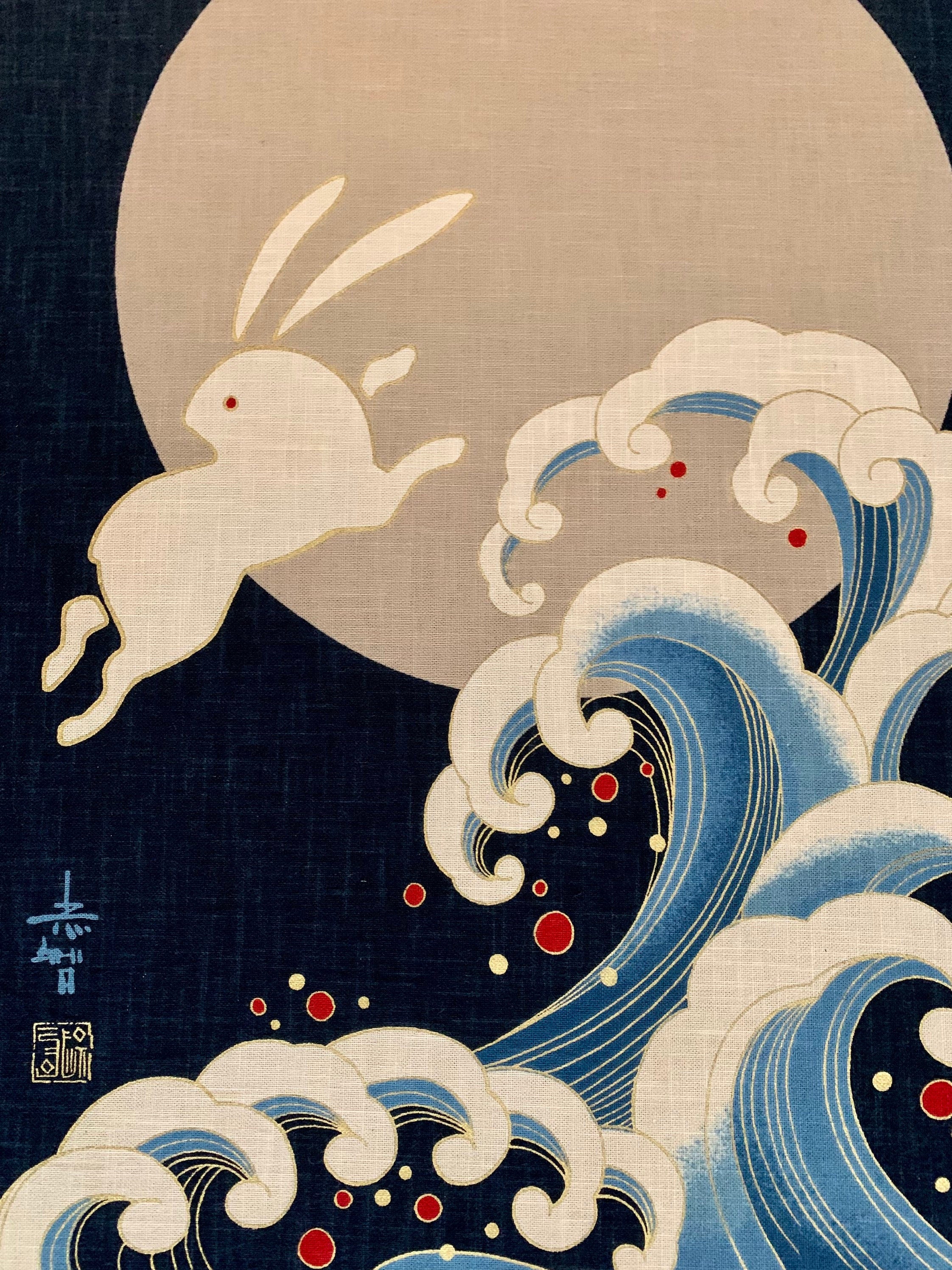 Japanese noren panel Rabbit Wave KP7290-51 blue