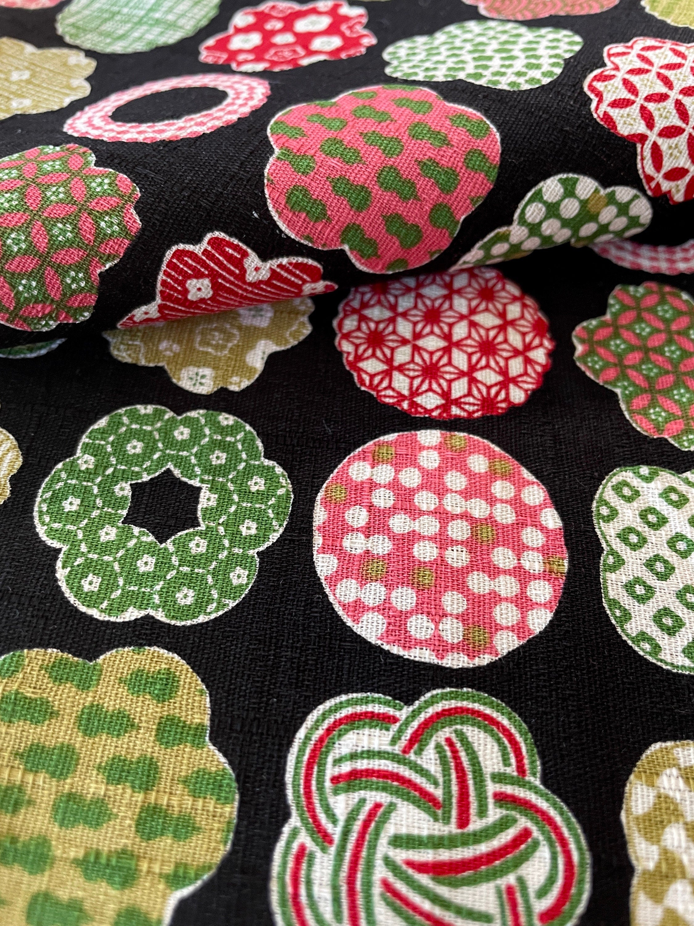 Large Scale Flowers & Circles with Wagara Cosmo Japanese cotton dobby fabric AP15906-2E black