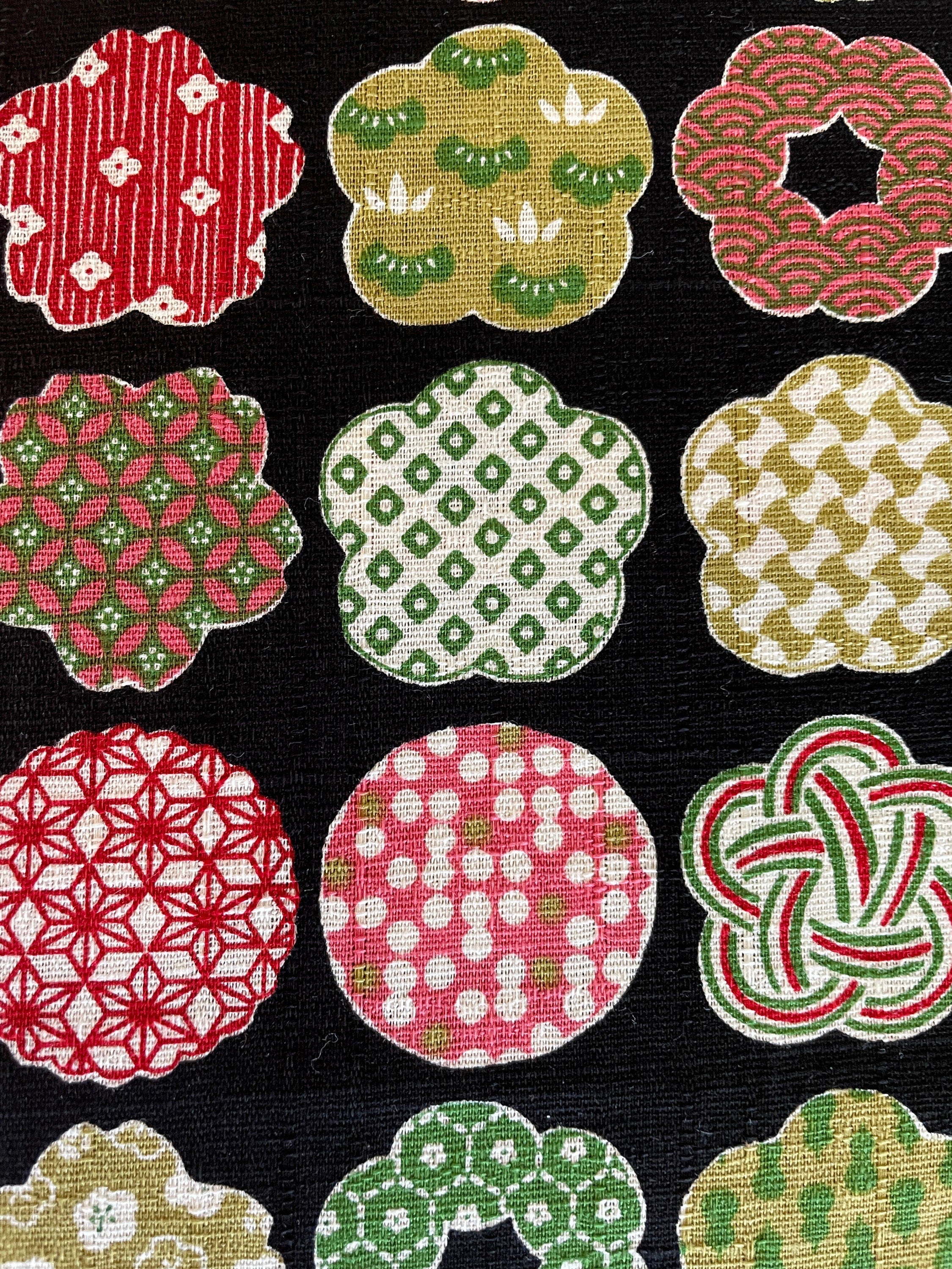 Large Scale Flowers & Circles with Wagara Cosmo Japanese cotton dobby fabric AP15906-2E black