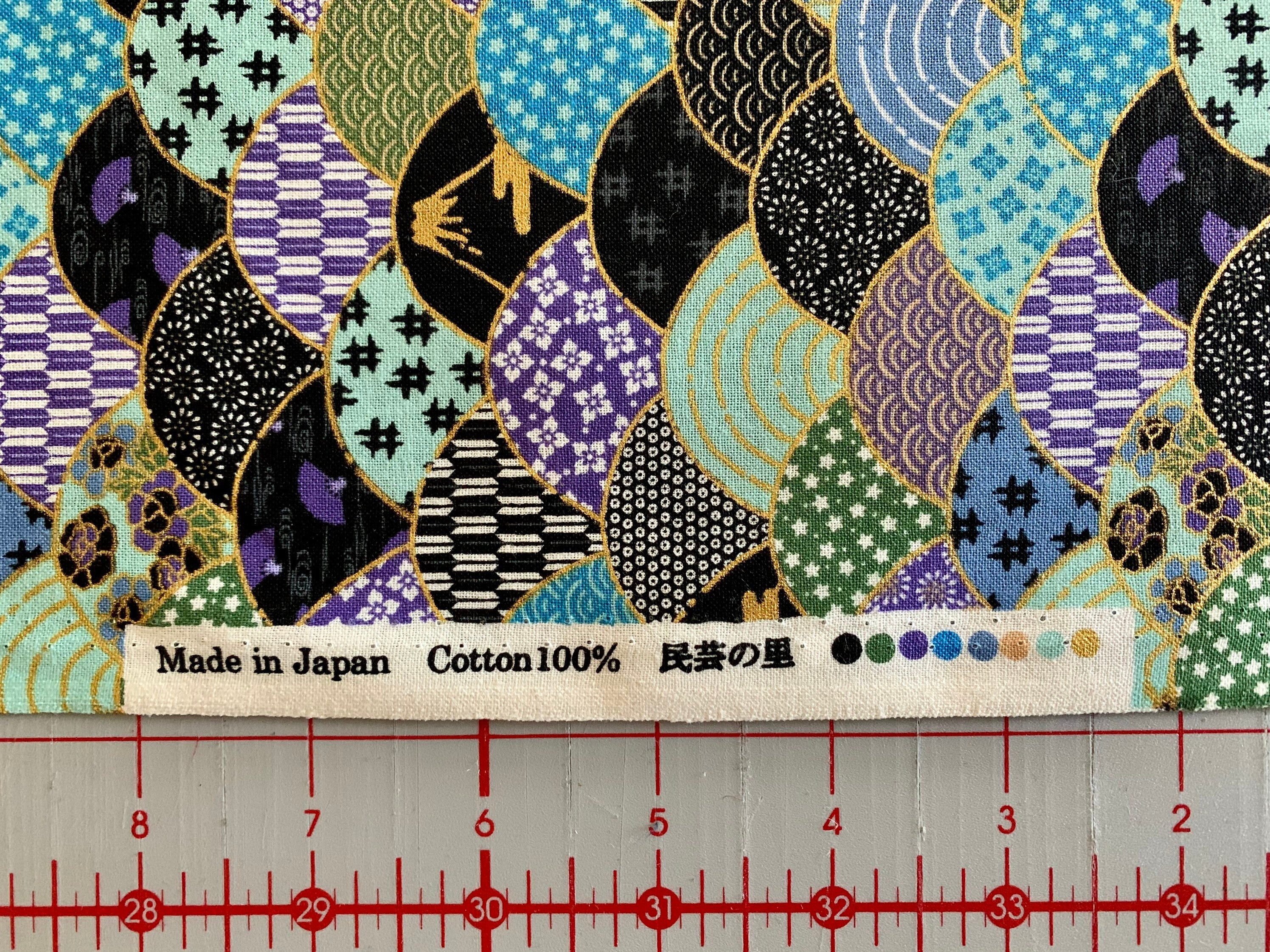 Naka Mt. Fuji and Waves Japanese cotton fabric 2000-89A purple blue green gold