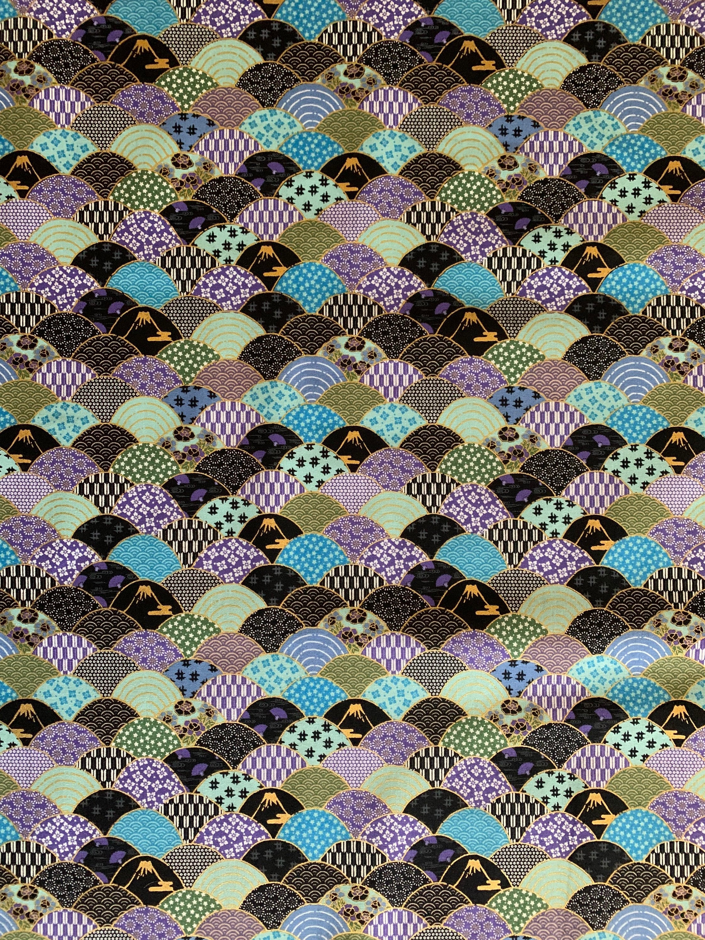 Naka Mt. Fuji and Waves Japanese cotton fabric 2000-89A purple blue green gold