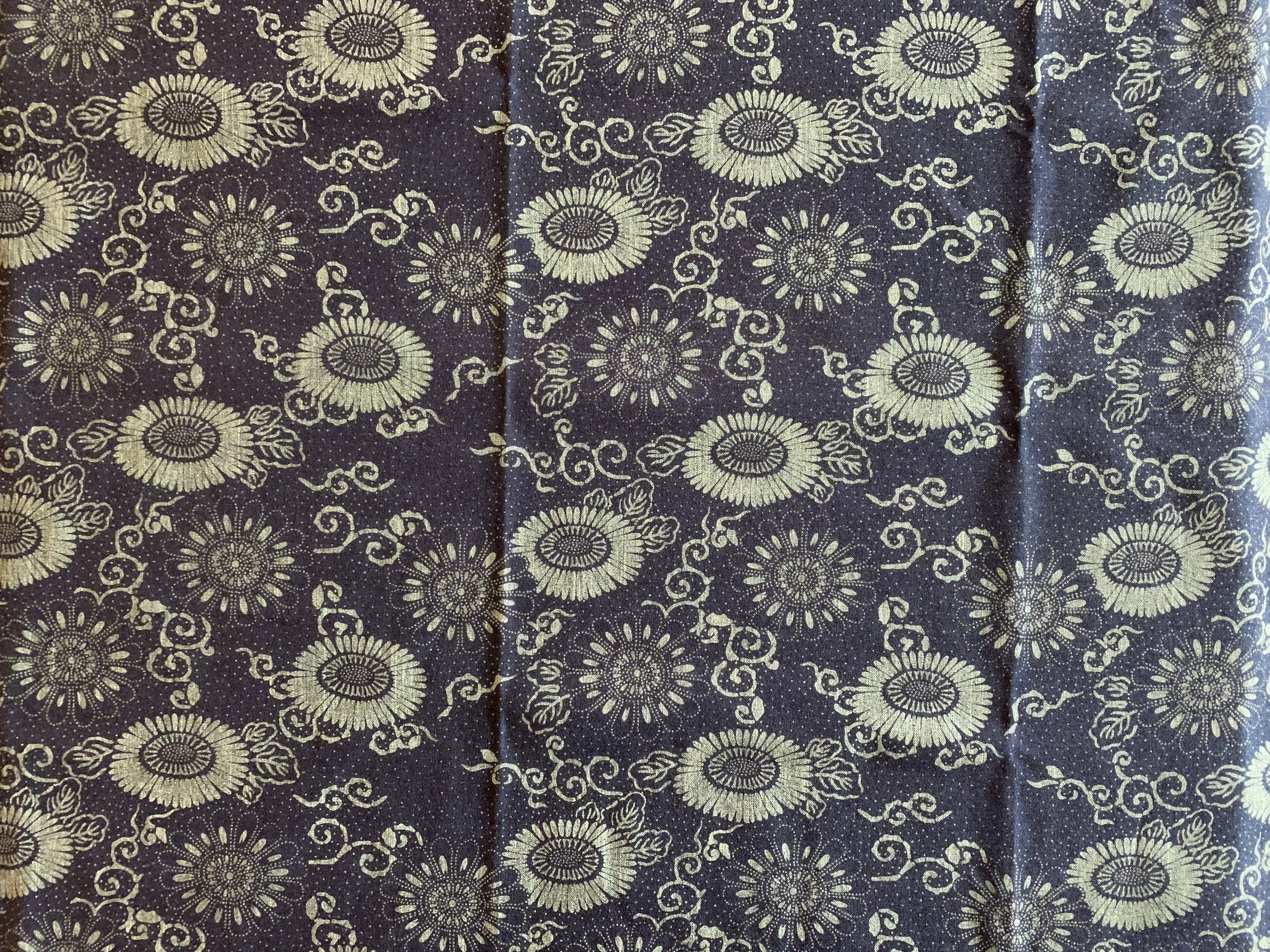 Vintage look chrysanthemum Japanese cotton fabric natural aizome indigo blue gray