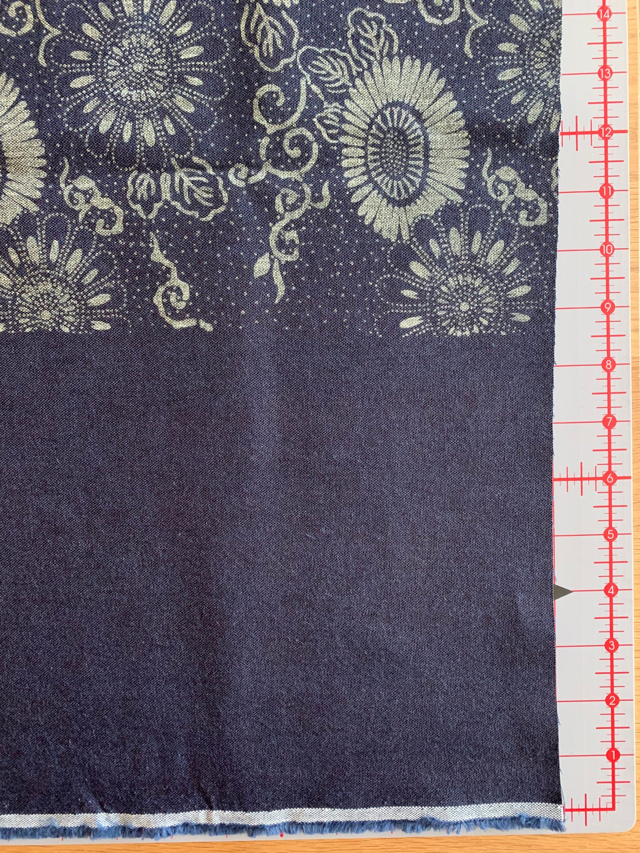 Vintage look chrysanthemum Japanese cotton fabric natural aizome indigo blue gray
