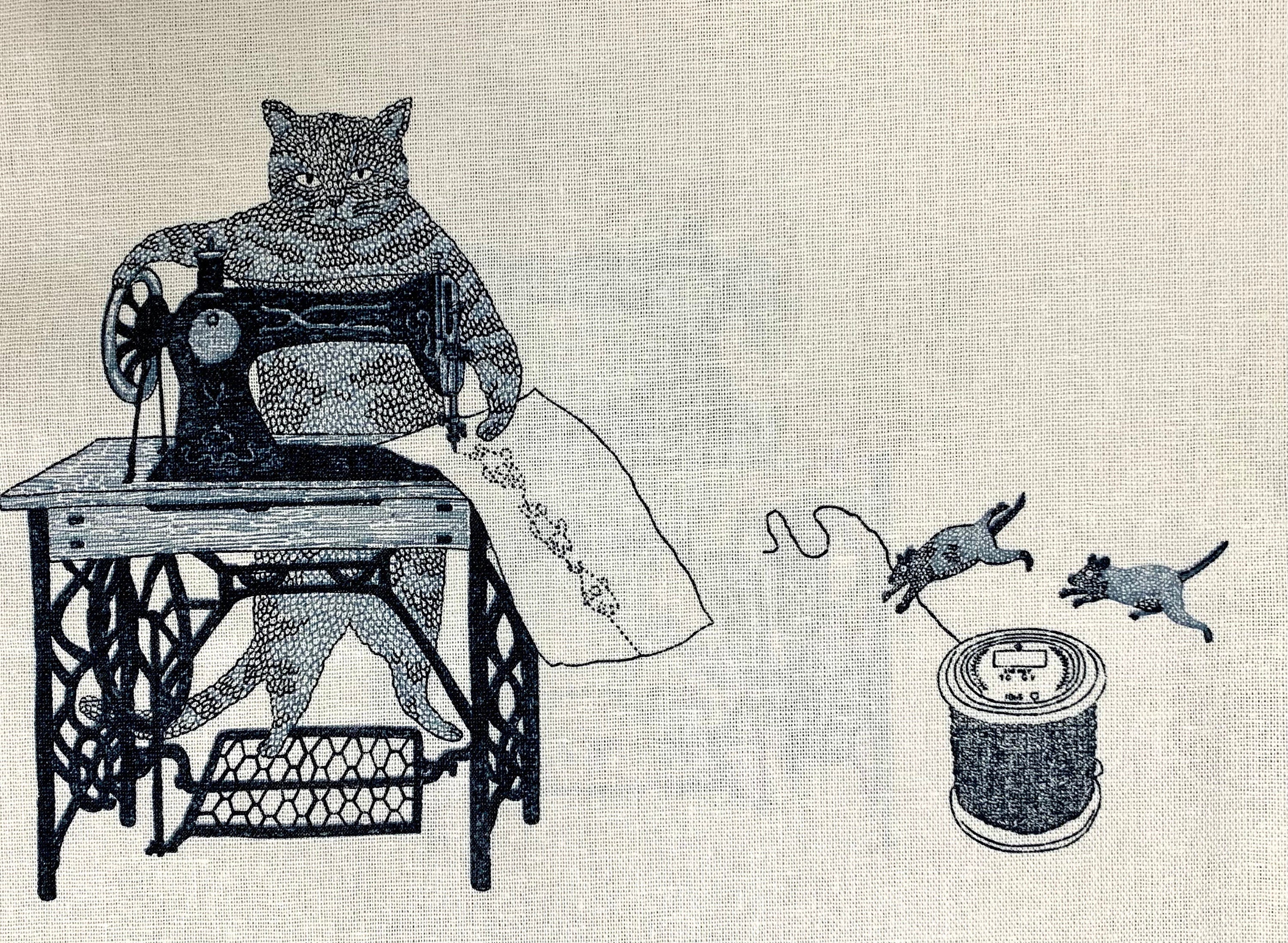 Koizumi - SWATCHES Purr-Fect Stitches Cats with Sewing Machines Cotton/Linen Canvas