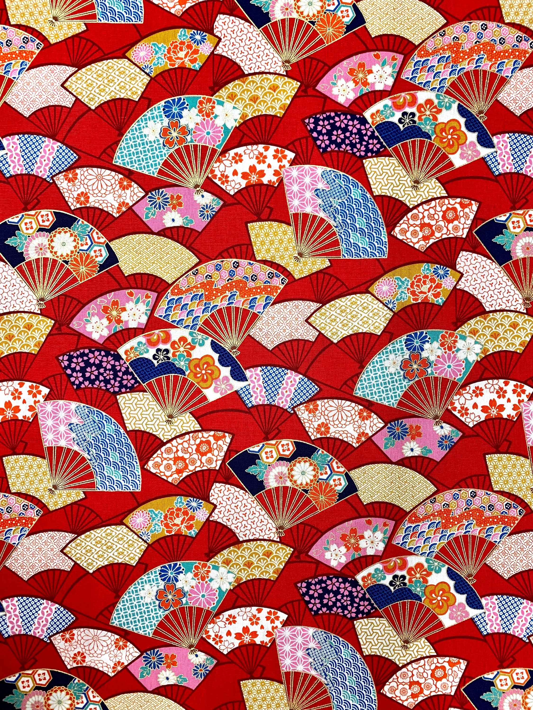 Senyo Golden Flower Story Fans Japanese cotton fabric SK-7600-3C red pink gold