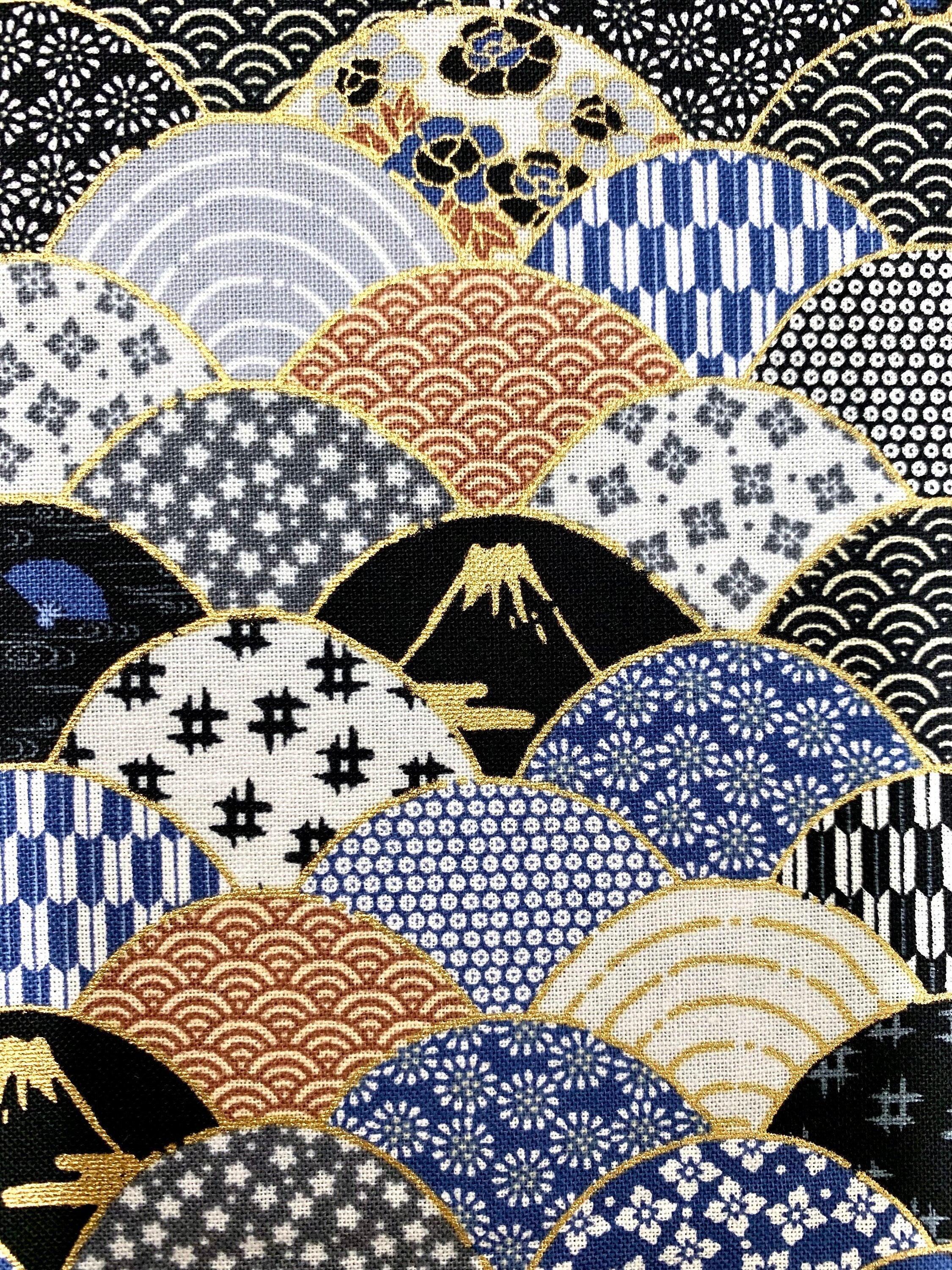 Mt. Fuji and Waves Japanese cotton fabric 2000-89B black gray brown blue gold