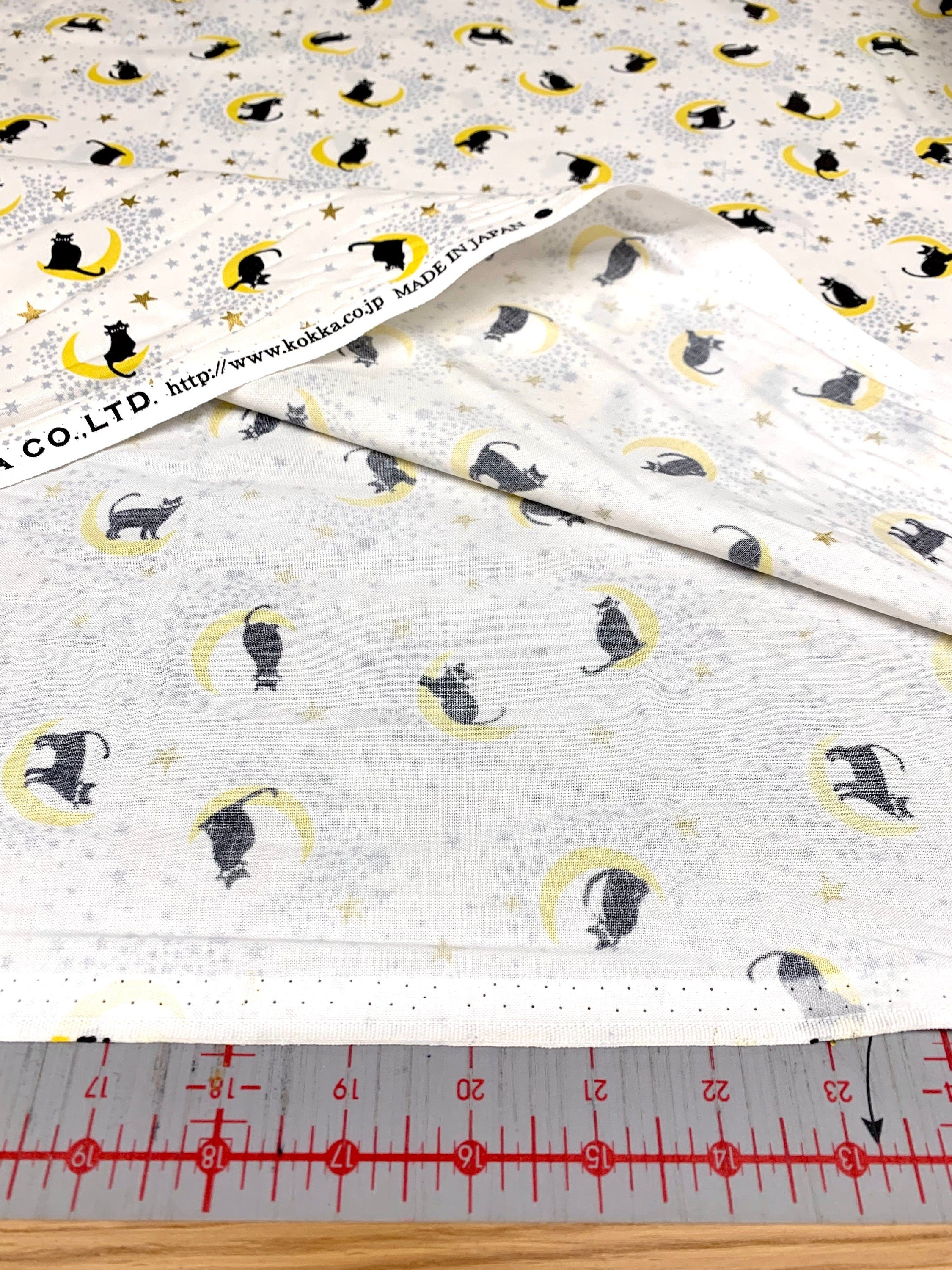 Black Cat on the Moon Kokka Japanese cotton fabric YQA-16010-1D white yellow black gold