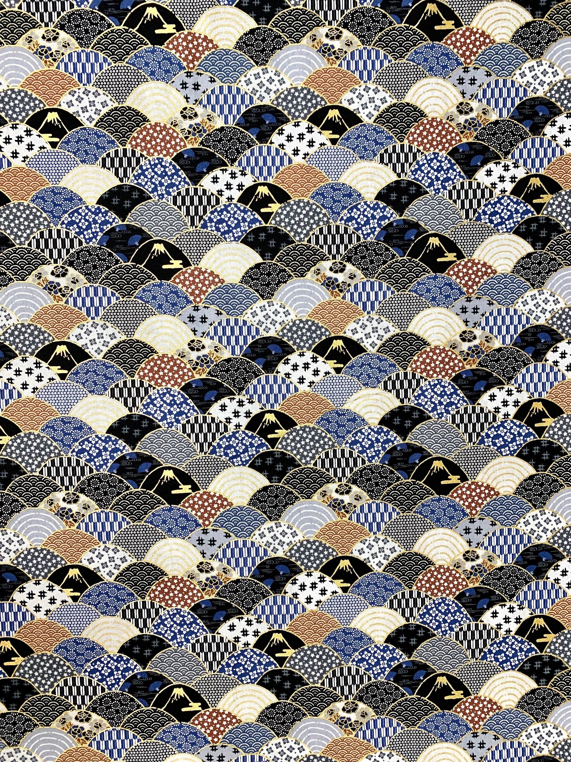 Mt. Fuji and Waves Japanese cotton fabric 2000-89B black gray brown blue gold