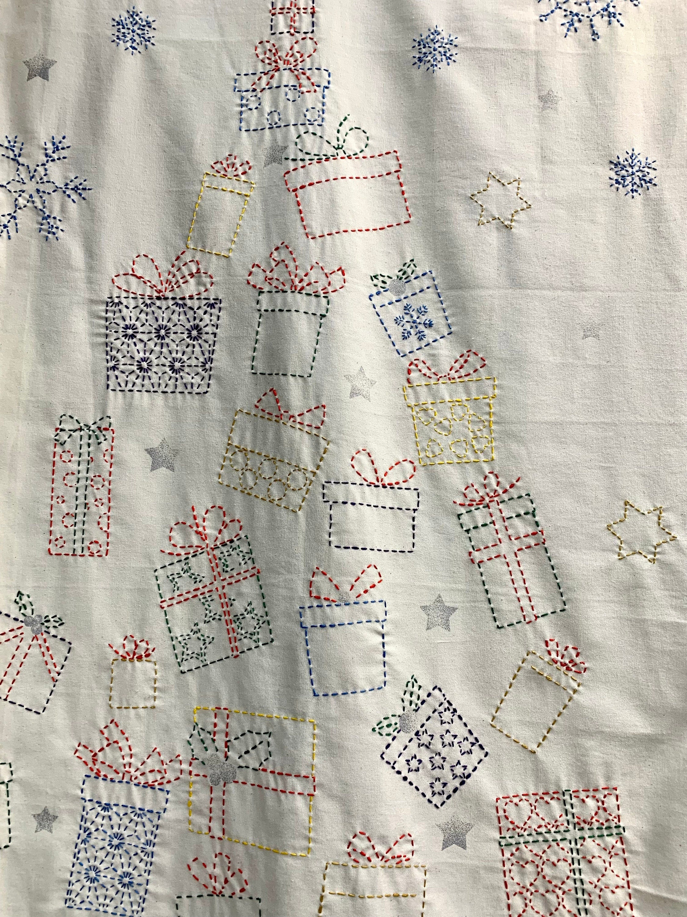 Orimono Imports - Gift Boxes Sashiko Washout Fabric Panel - Navy/Green/Red/Cream