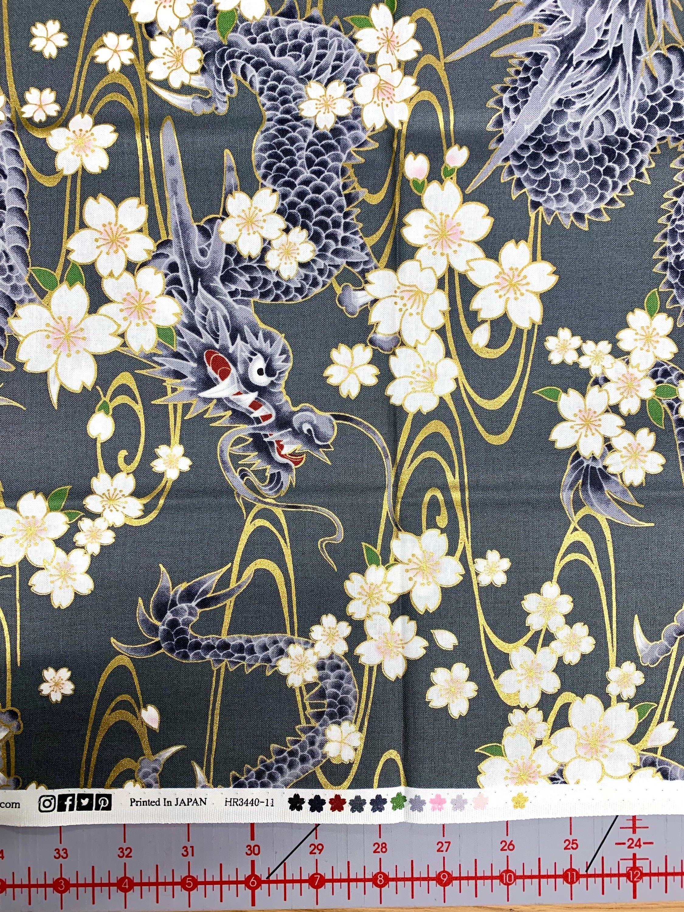 QuiltGate Hyakka Ryoran Water Dragon cotton fabric HR3440-11B gray