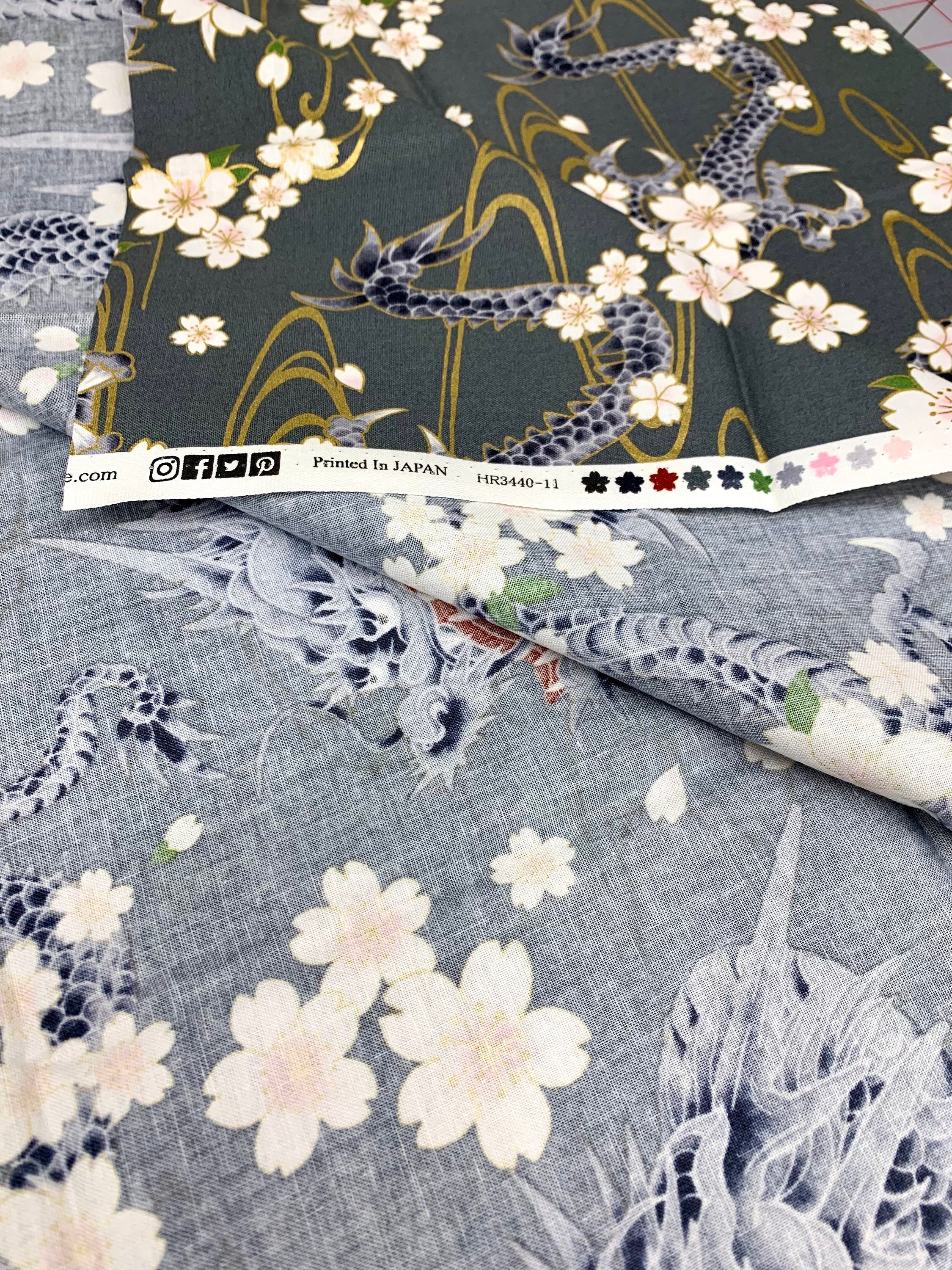 PRE-CUT QuiltGate Hyakka Ryoran Water Dragon cotton fabric HR3440-11B gray