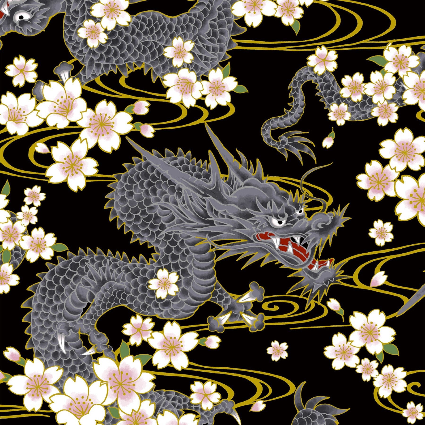 QuiltGate Hyakka Ryoran Water Dragon cotton fabric HR3440-11E black