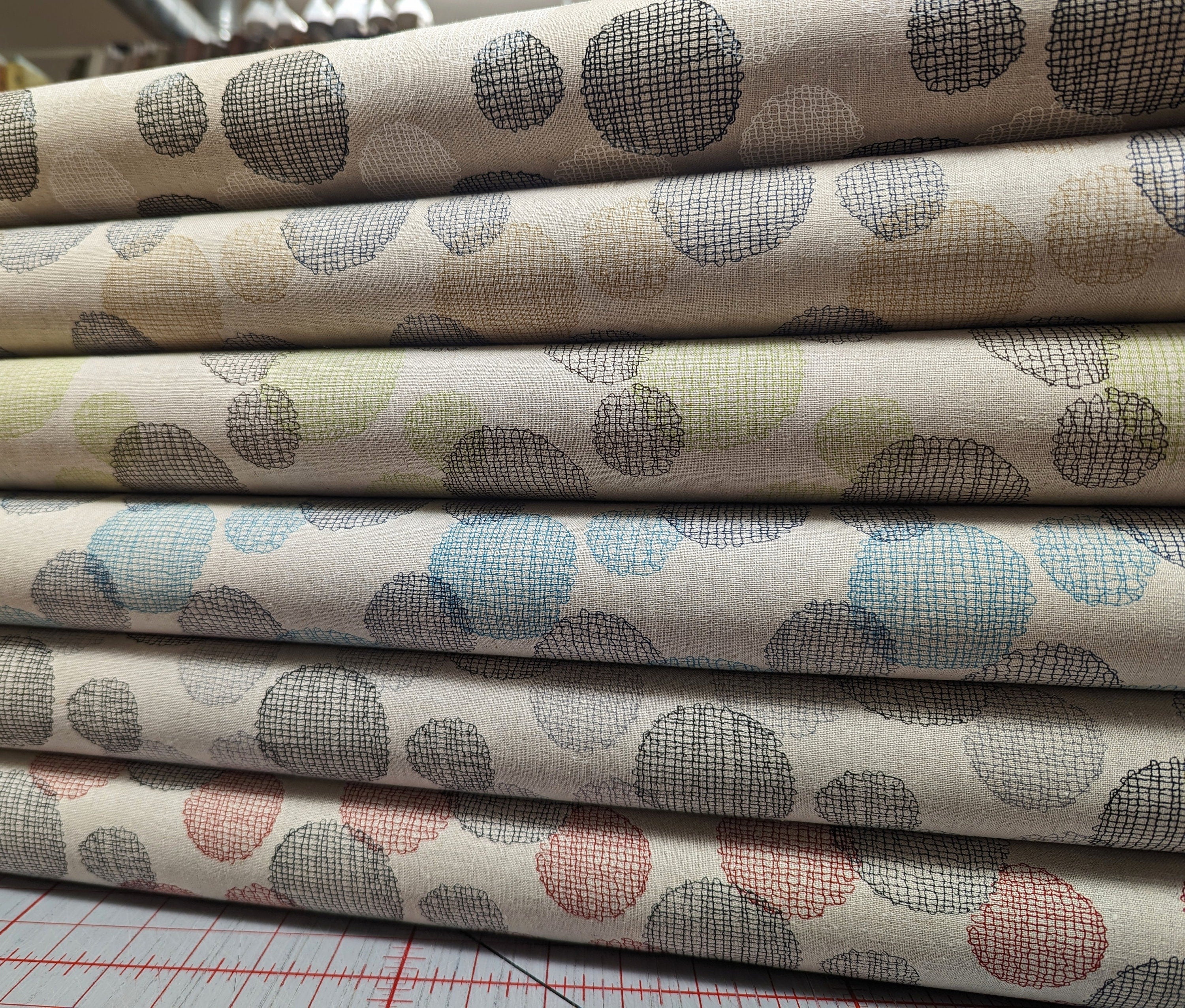 Crosshatched Circles on Natural Japanese Cotton Linen Blend PJ-2622CL-B yellow