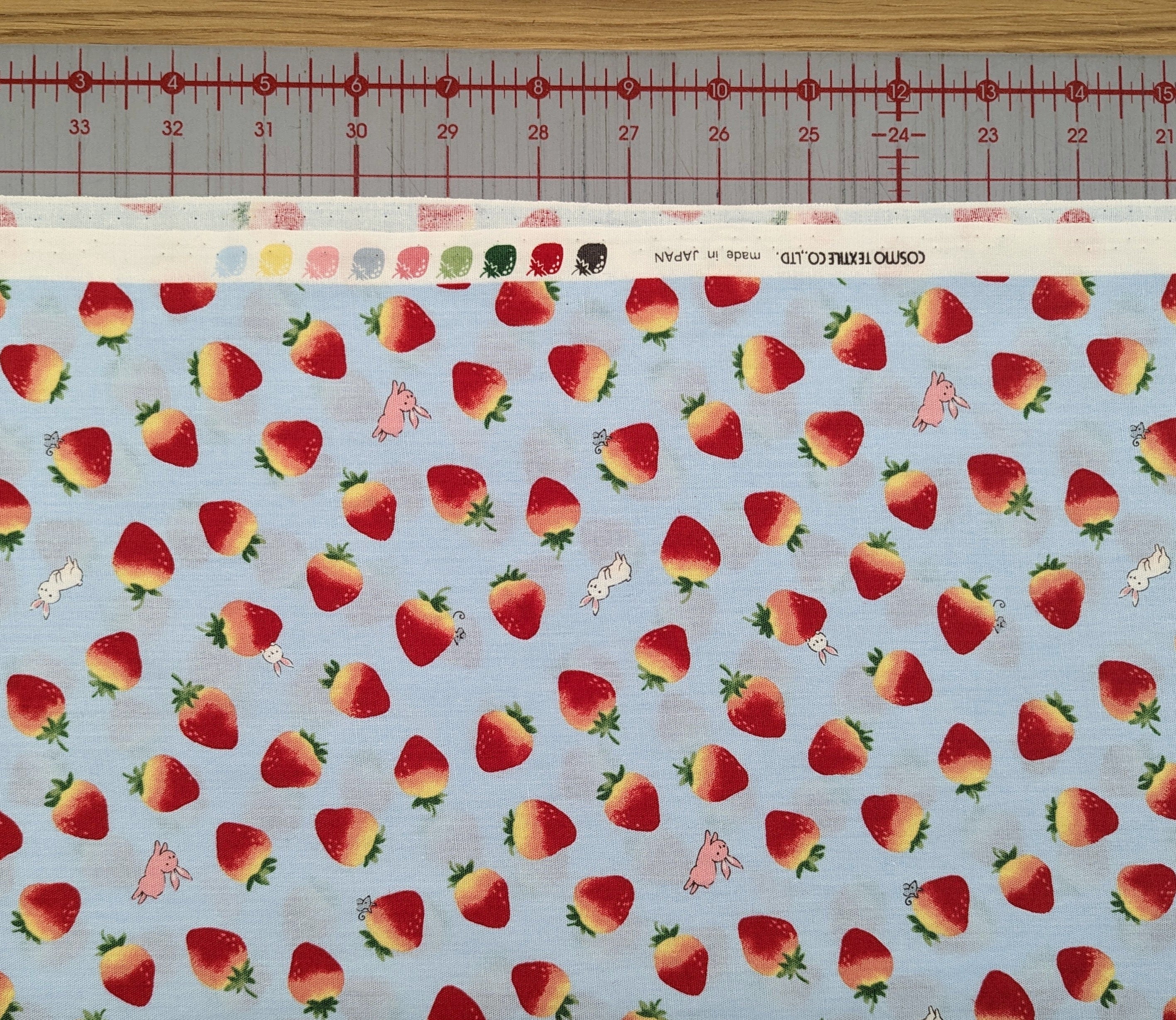 Strawberry Bunnies Cosmo kawaii cotton fabric SP2400-1C light blue