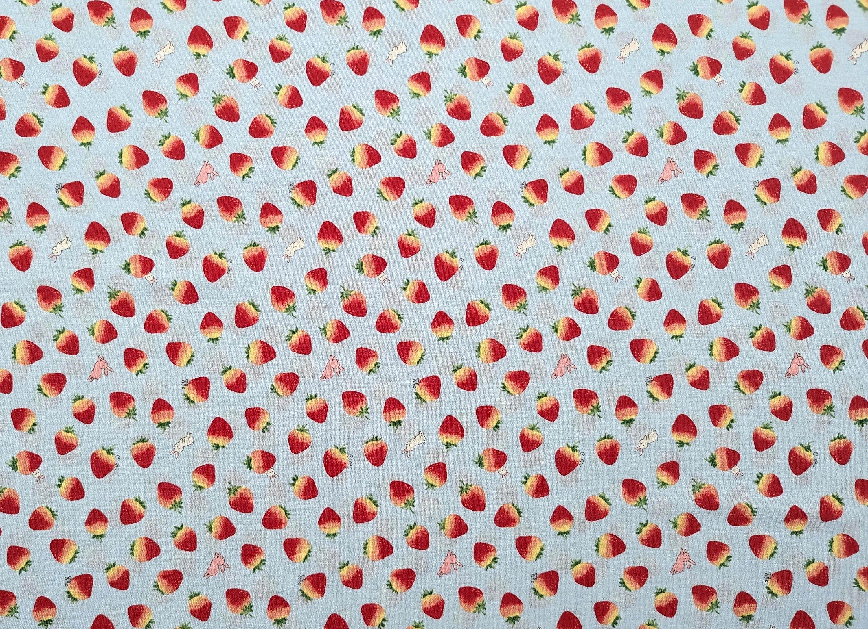 Strawberry Bunnies Cosmo kawaii cotton fabric SP2400-1C light blue