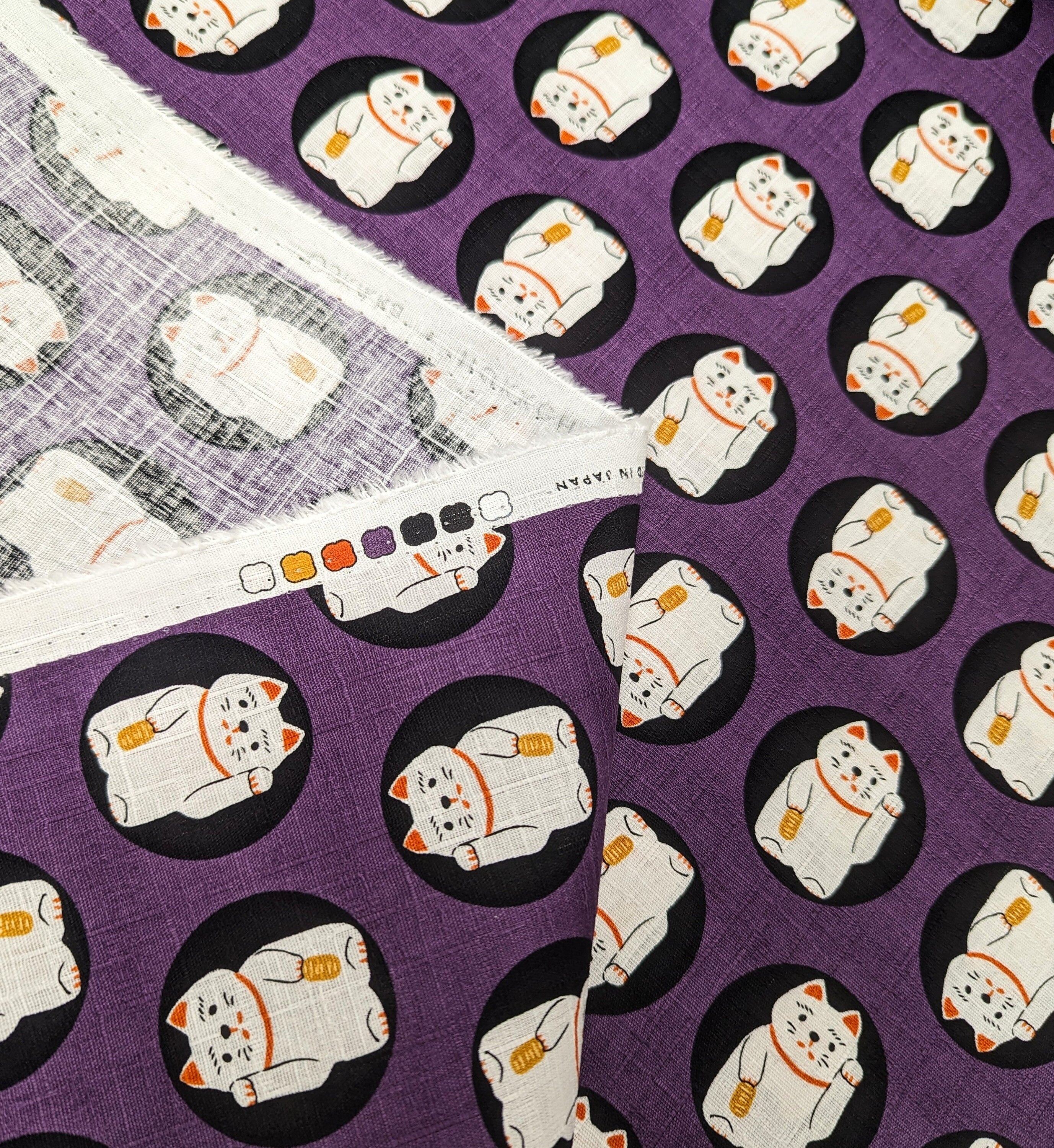 Hokkoh Lucky Cats Japanese cotton dobby fabric 1024-130-1-D purple