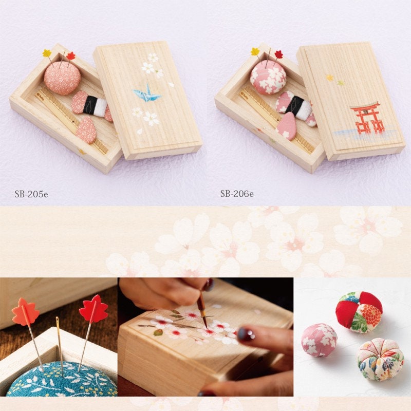 Tulip - Oharibako Sewing Box in Paulownia Wood with Kimono Fabric - Small set