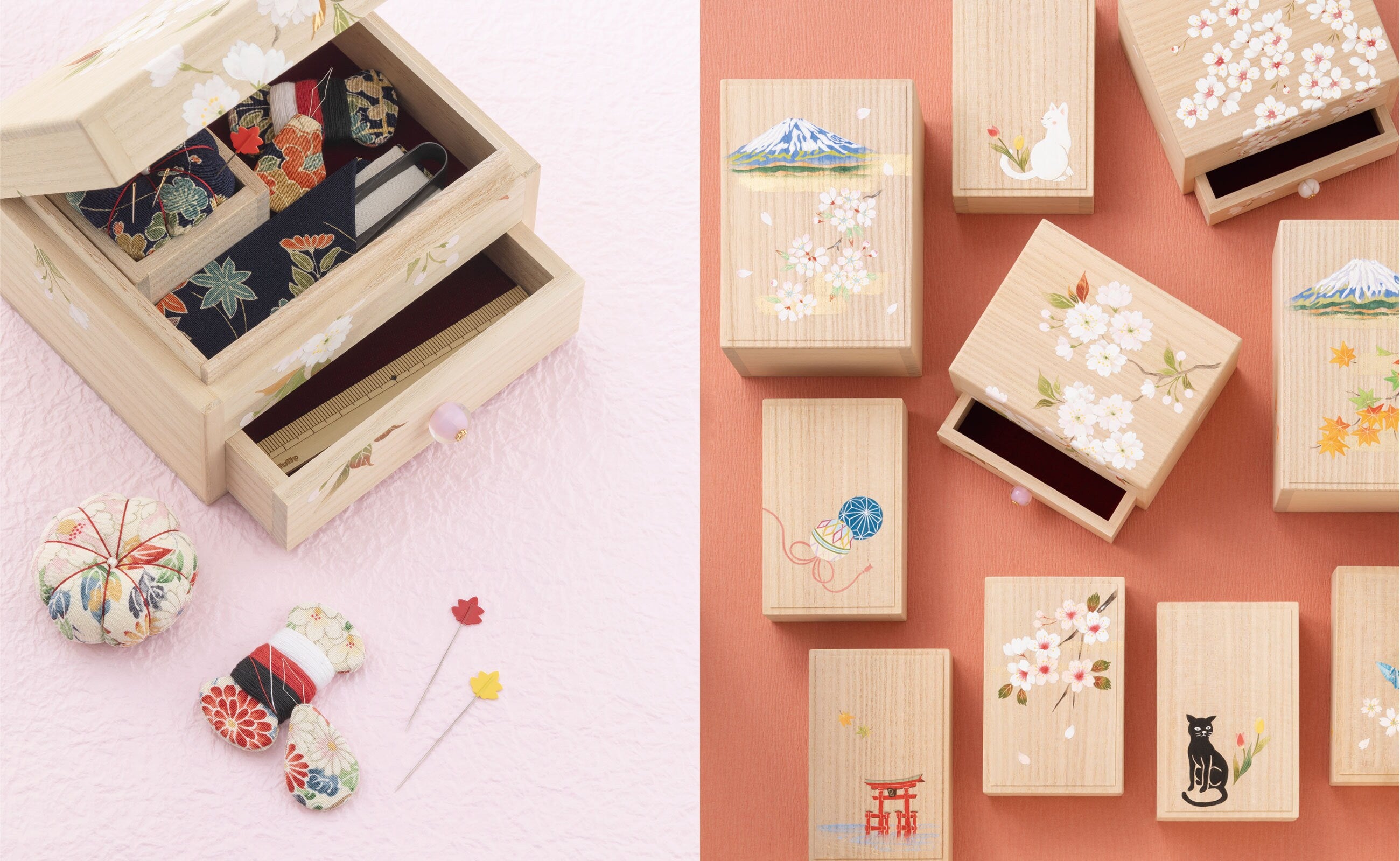 Tulip - Oharibako Sewing Box in Paulownia Wood - Deluxe Set