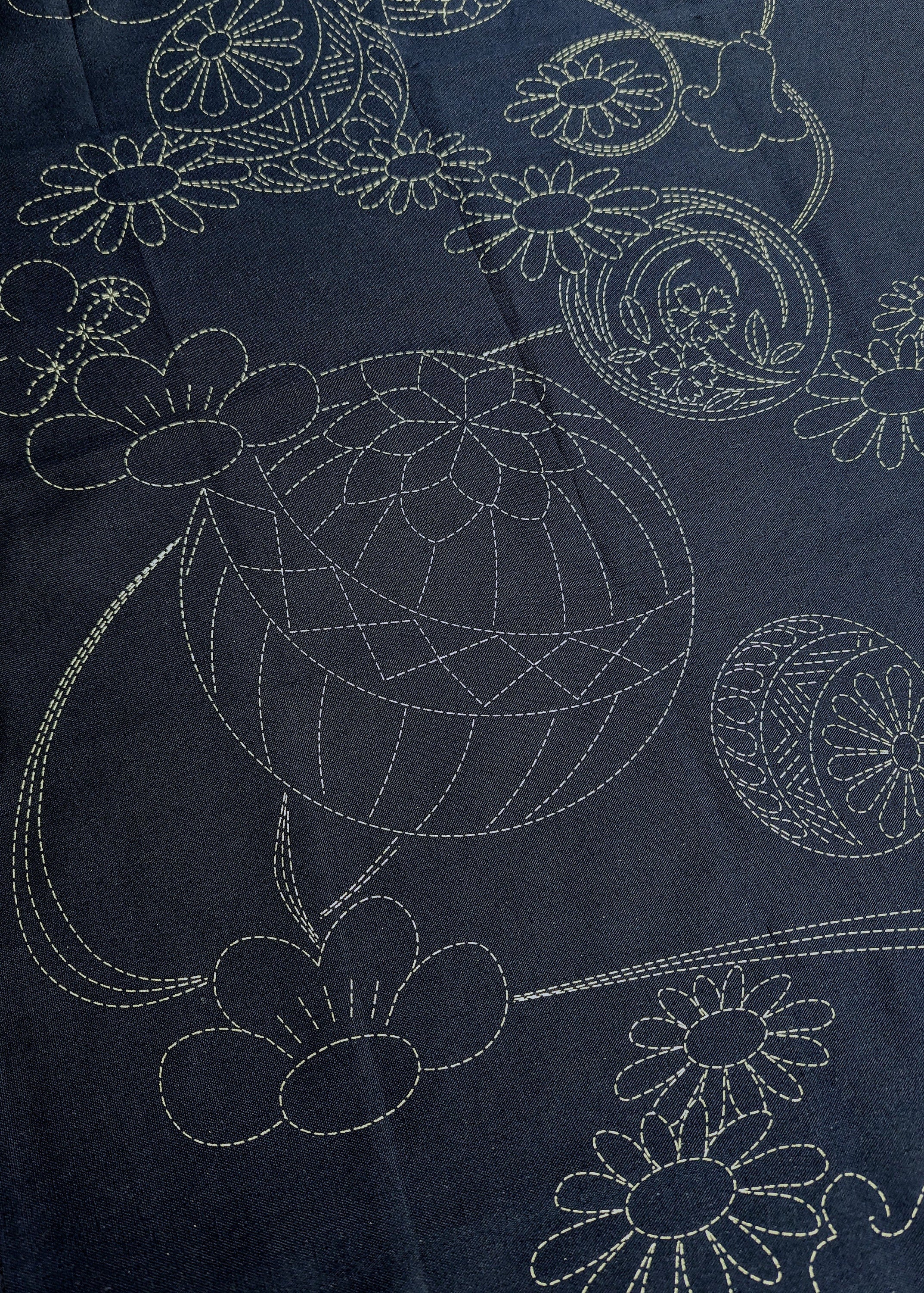 Orimono Imports - Flowering Temari Sashiko Washout Fabric Panel - Navy